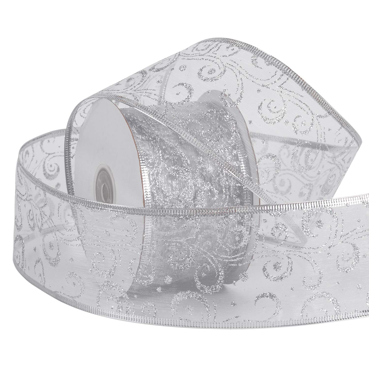 RUSPEPA Wired Christmas Holiday Ribbon - Silver Swirl Sheer Glitter Ribbon - 63 mm x 22 m Each Roll - Silver Wired Edge — image 1