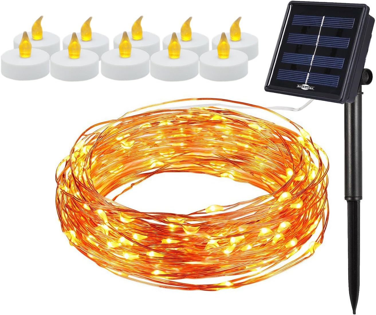 (Bundle Set) Solar Powered 100 LEDs 33ft String Light and 10 Pieces Battery Powered FlamelessLED Candles Starry String Lights Copper Wire Lights Ambiance Lighting Gardens Christmas Party