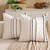 KOOLIFE Boho Chenille Tufted Couch Throw Pillow Covers 18x18 Inch Set of 2 Farmhouse Striped Decorative Pillow Covers Accent Neutral Pillowcase Black Cushion Cover for Living Room Sofa Bed