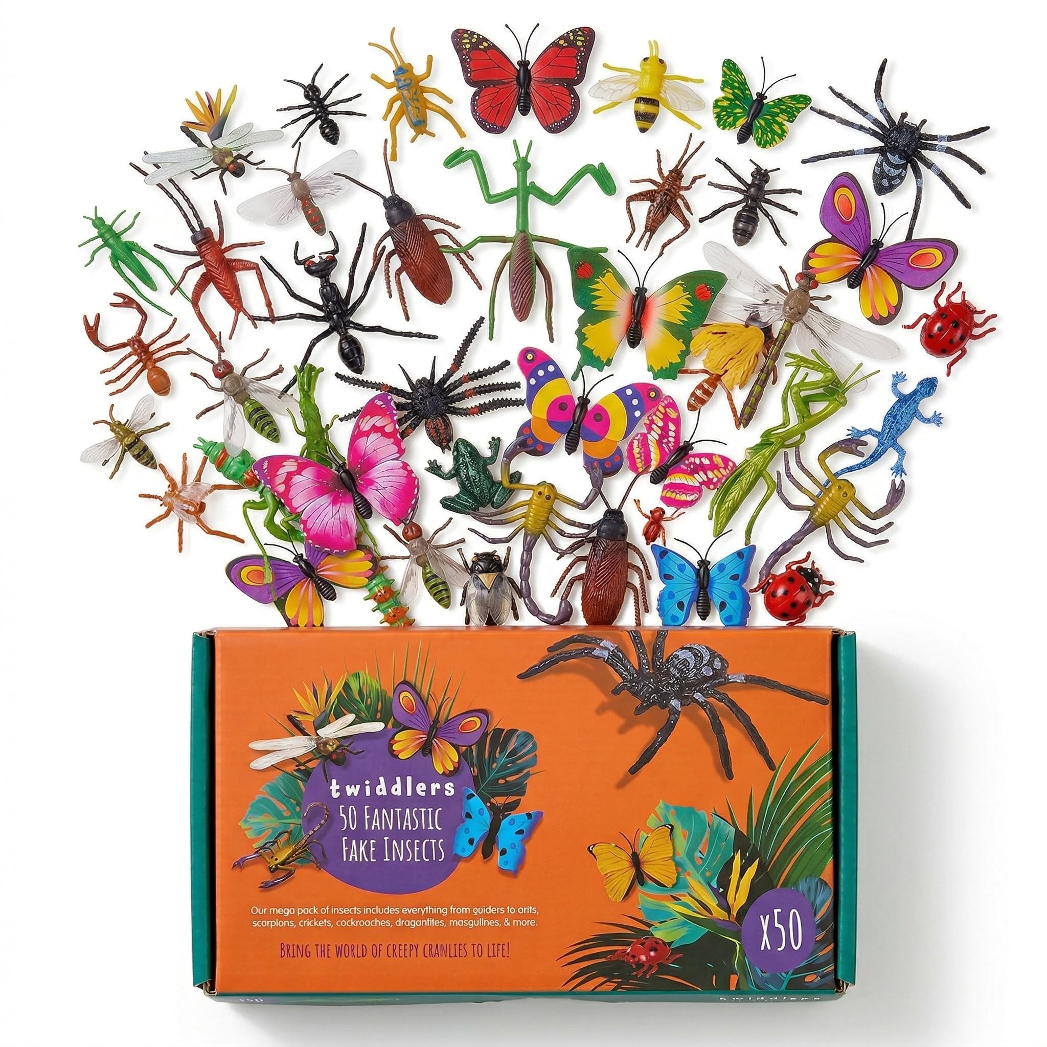 THE TWIDDLERS 50 Plastic Bugs and Insect Toys for Kids - Minibeast Fake Figures with Butterflies and Spiders for Party Bag Fillers and Educational Bug Sorting Games (Age 3+)