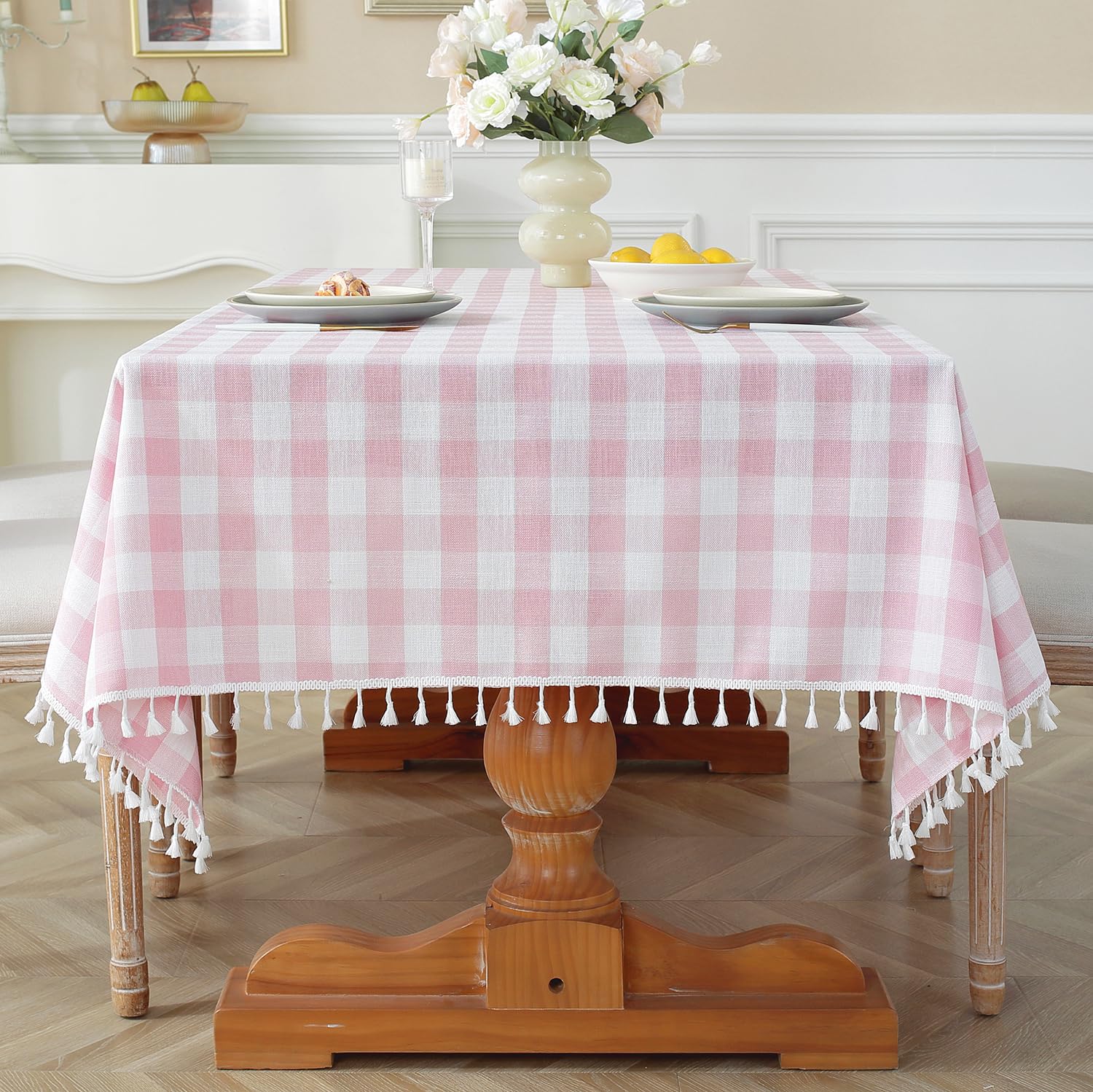Photo 1 of Laolitou Pink Checkered Tablecloth Rectangle Washable Buffalo Plaid Table Cloth with Tassel Cotton Linen Gingham Table Cover for Dining Room, Pink, Rectangle, 55''x70'', 4-6 Seats