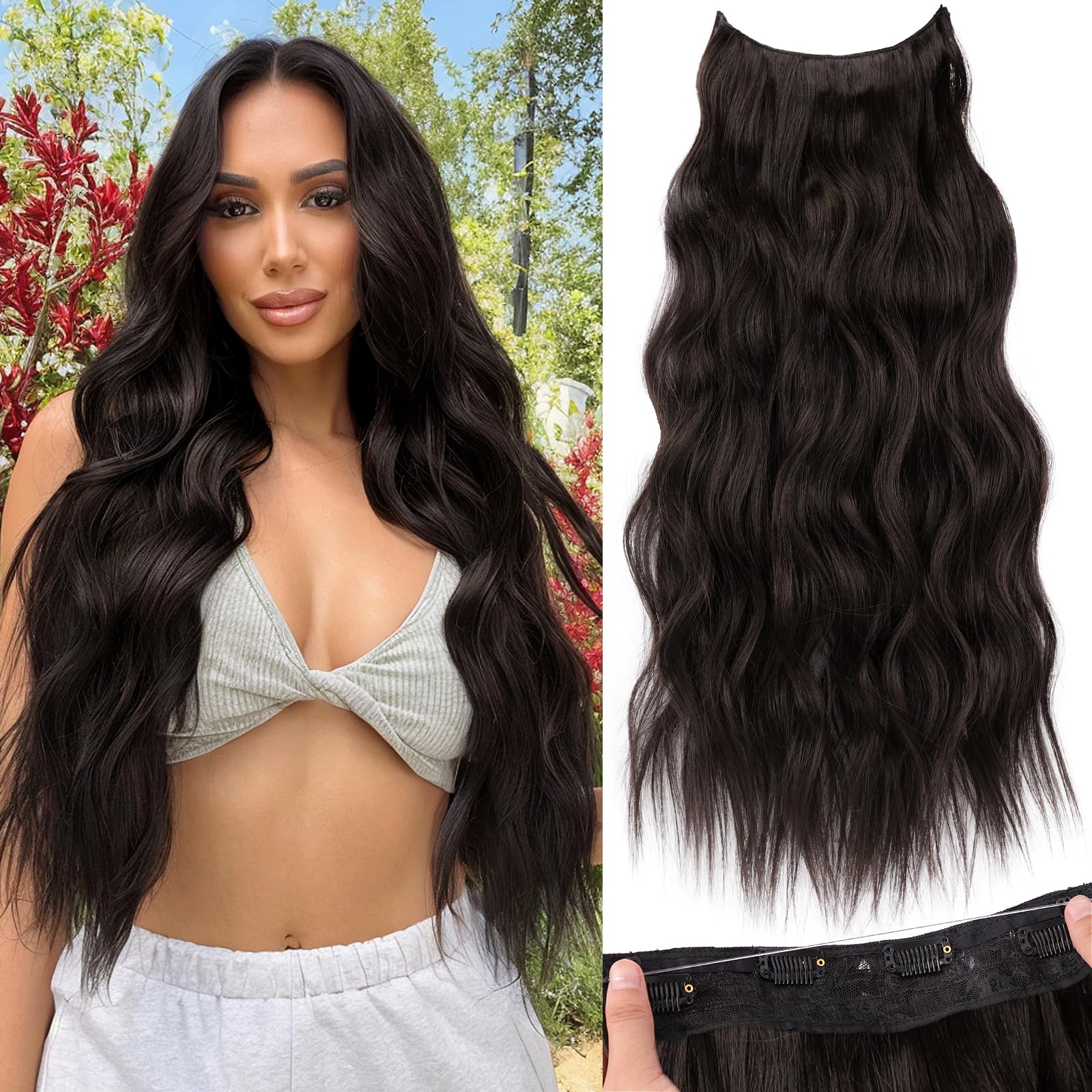 Photo 1 of KooKaStyle Invisible Wire Hair Extensions with Transparent Wire Headband Adjustable Size 4 Secure Clips Long Wavy Synthetic Hairpiece for Women (24 Inch Rich Dark Brown with Warm Tones/6#)