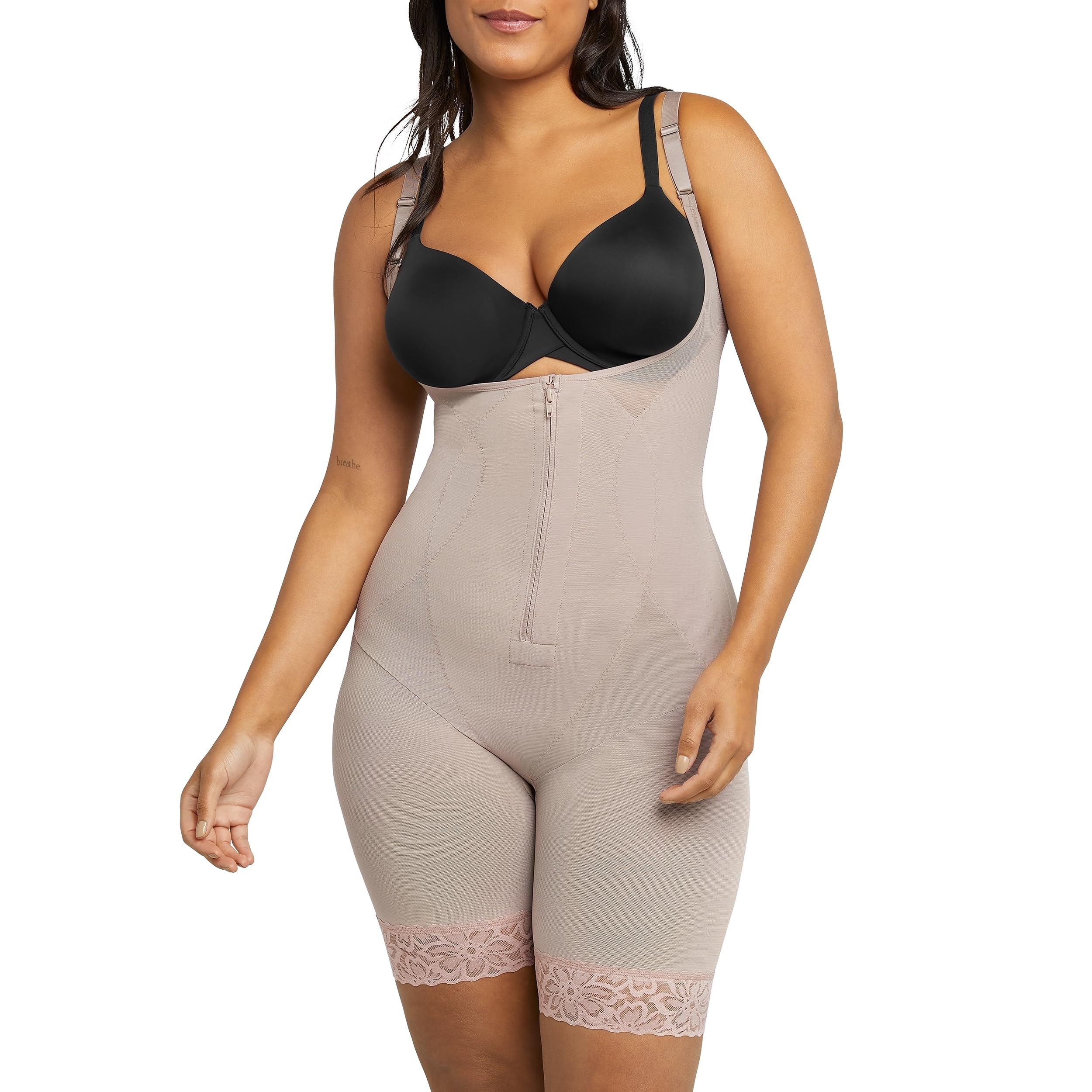 Photo 1 of Maidenform Women's Sculpts Open Bust Romper, Ultra Firm Control Compression Shapewear, Evening Blush, Large