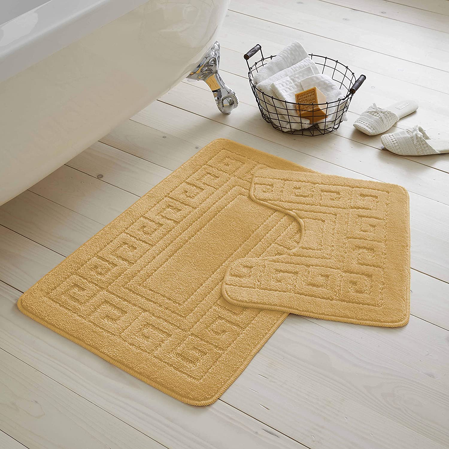 QM-Bedding® Luxury Bath Mat Set 2 Piece Non Slip Rubber Pedestal Mat Toilet Greek Bathroom Rugs (Shaded Ochre/Mustard)