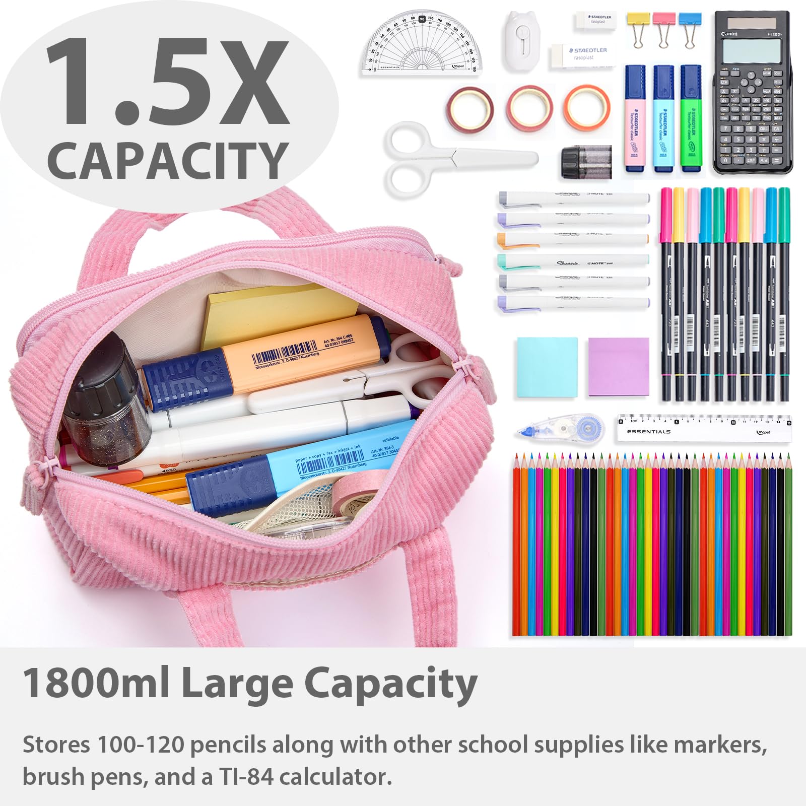 SPACEMATE Pencil Case Pouch Box Bag School Supplies Girls Boys Kids, Cute Preppy Stuff Large Big Capacity Aesthetic Pen Organizer, Back to College Stationary, Light Pink, Corduroy Style, 1800ml