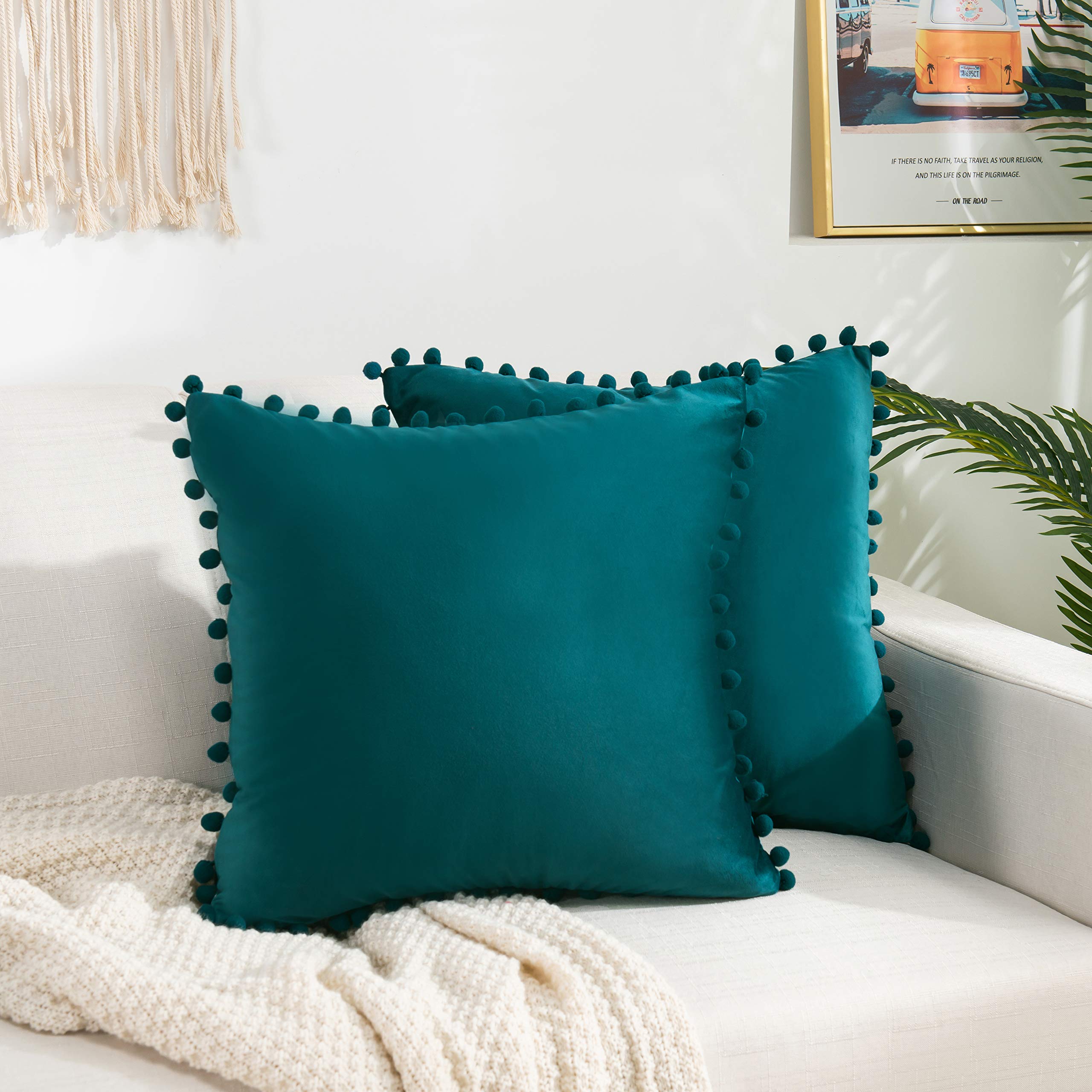 Elegant Comfort POM Fringe Set of 2, Velvet Soft Solid Decorative Square Throw Pillow Covers Set Cushion Case for Couch Bed, Livingroom, 20 x 20, Teal