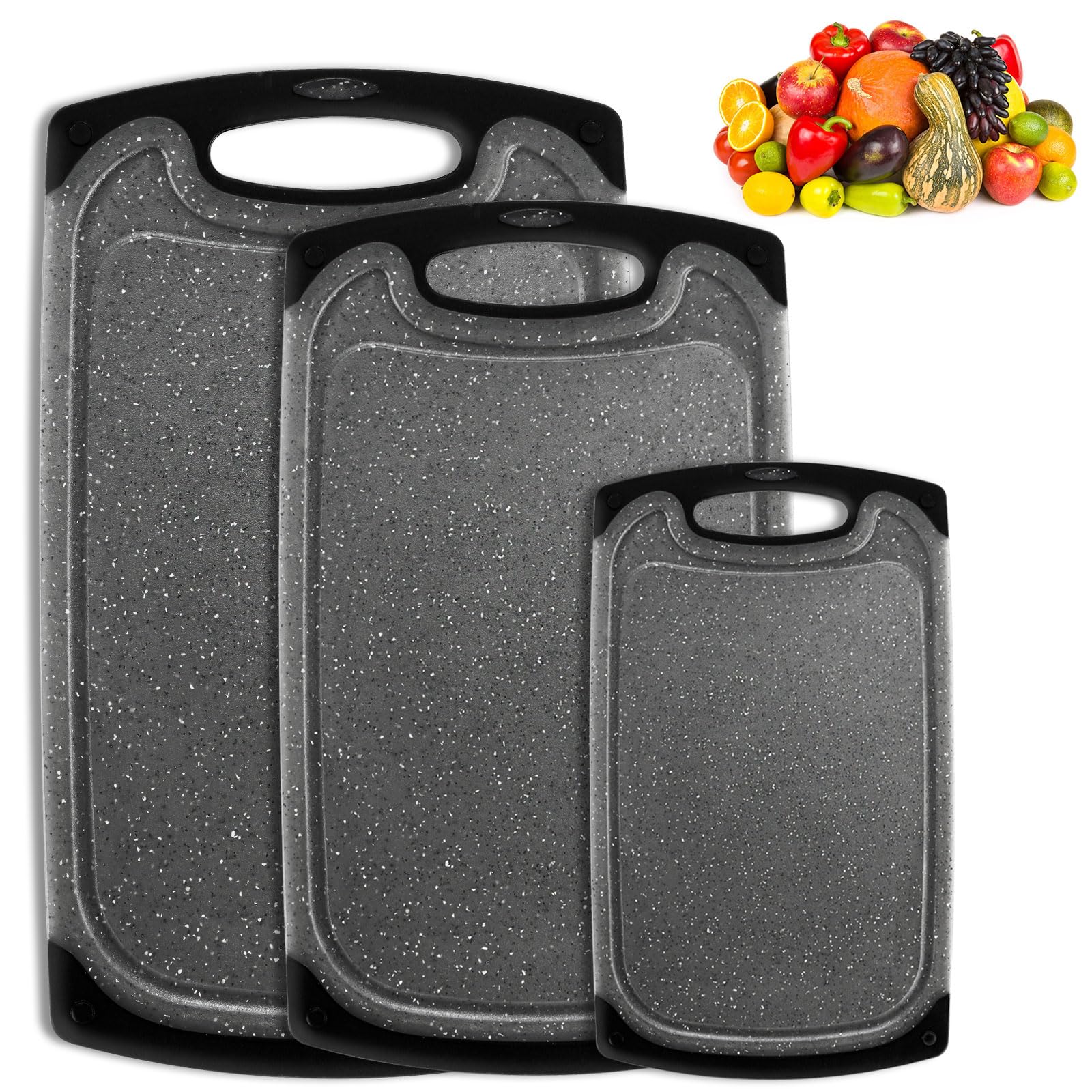 Funnydin Chopping Board Set - 3 Pieces Chopping Boards - 38x24cm / 35x21cm / 25x15cm - Non-Slip Feet and Deep Drip Groove, Dishwasher Safe Cutting Board for Meat, Vegetables, Fruits(Black)