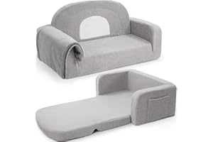 Foryoomi Extra Wide Kids Couch, 2-in-1 Soft Toddler Couch with Blanket, Comfy Toddler Chair, Convertible Sofa to Lounger with Cute Rainbow Design, Gray