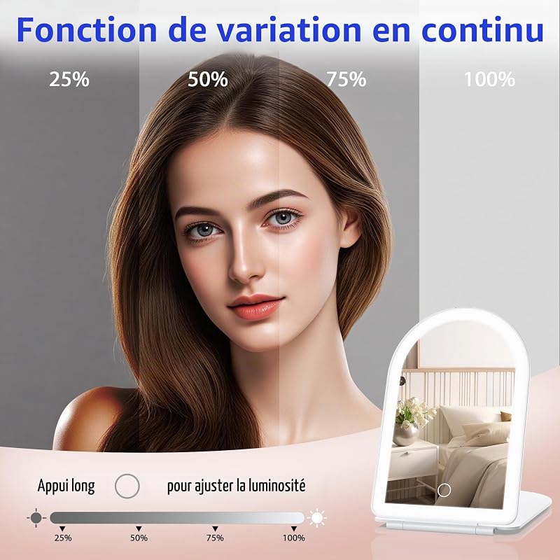 Miroir de Maquillage LED Grossissant 1X/10X, Éclairage 3 Tons Réglable, Miroir de Toilette Portable, Contrôle par Toucher, Blanc
