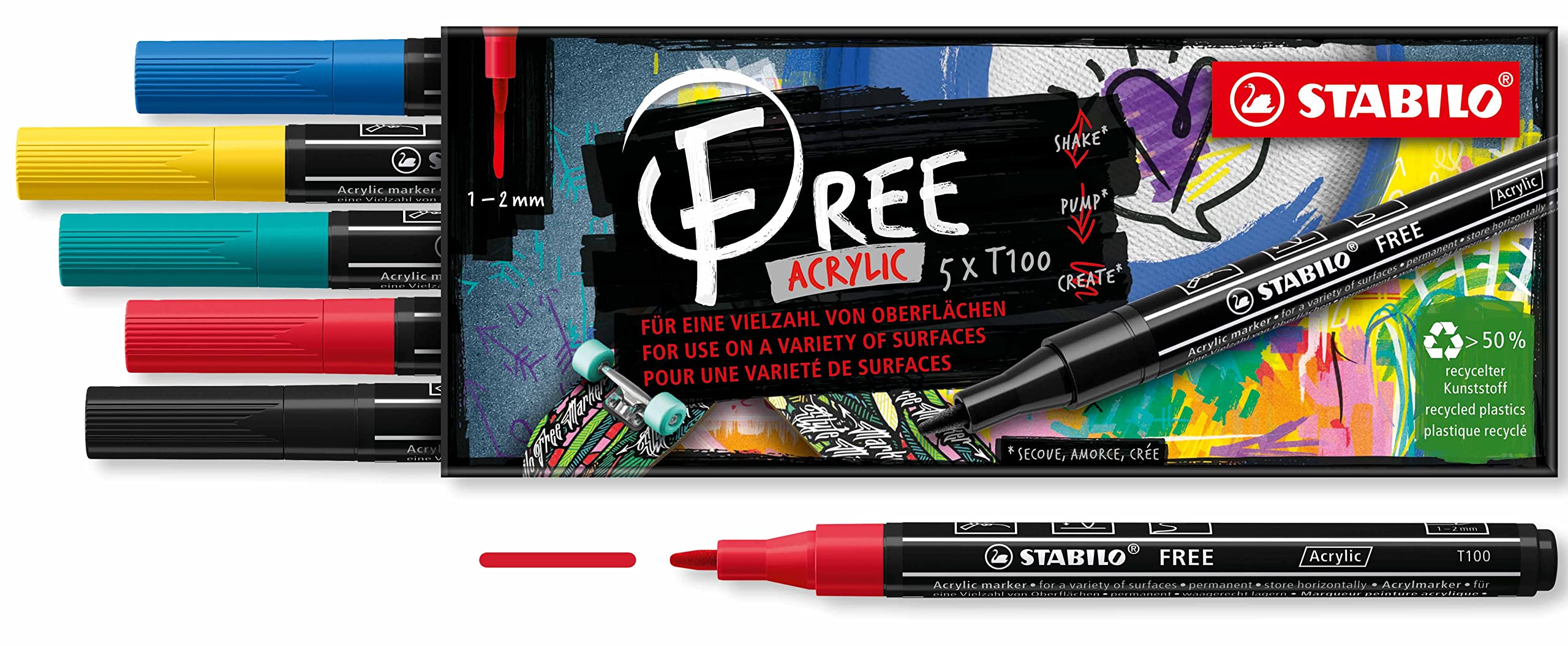 STABILO Acrylic Marker FREE Acrylic - T100 1-2 mm Bullet Tip Royal - Wallet of 5 - Assorted colours