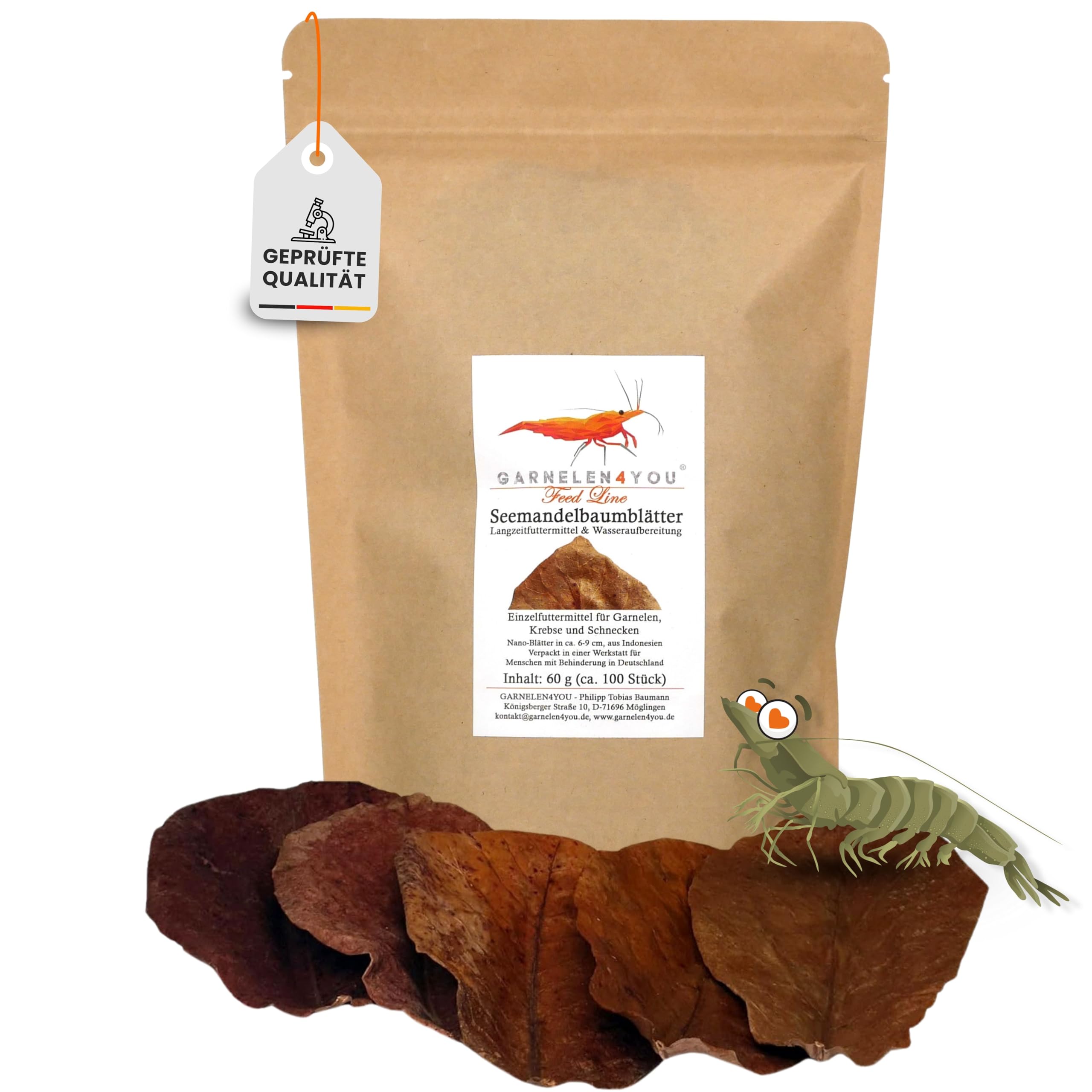 GARNELEN4YOU® Sea almond tree leaves, high-quality long-term feed and water treatment thanks to valuable ingredients, for aquarium inhabitants such as shrimp, crabs and snails (100 pieces 6-9 cm).