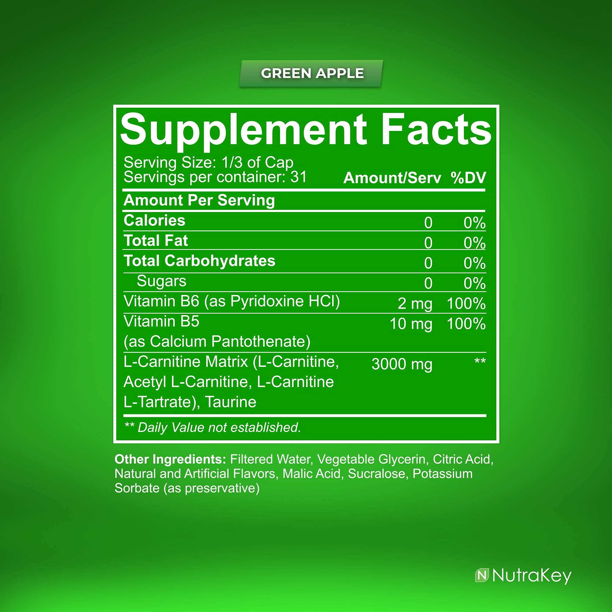 NutraKey L-Carnitine 3000mg, No Sugar, Gluten Free, Turn Into Fuel, (Green Apple) 31 Servings
