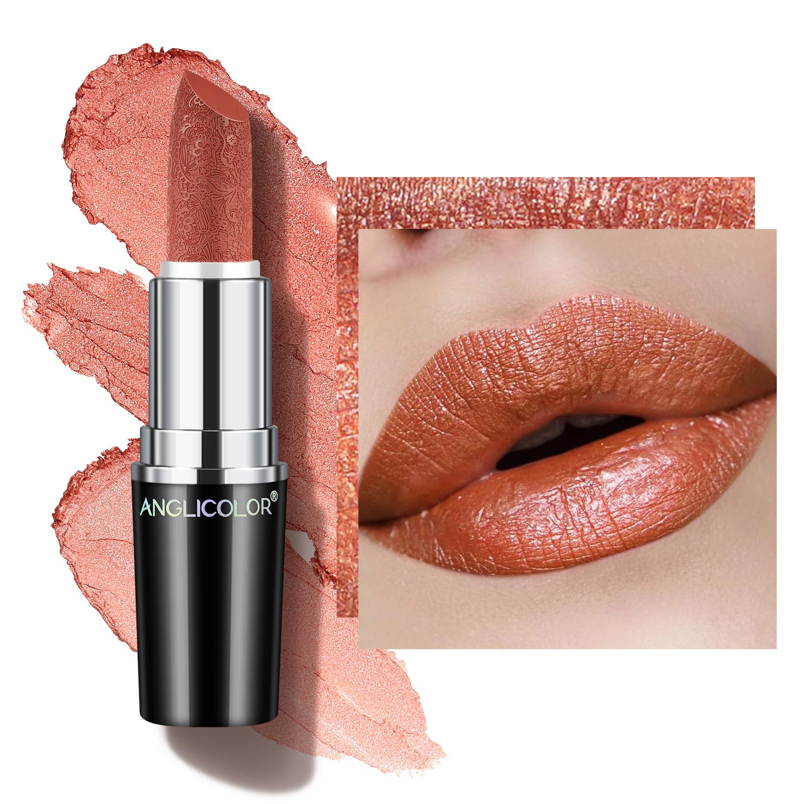 Anglicolor Metallic Glitter Coral Lipstick,High Impact Shimmer Lipcolor,Long-Lasting Moisturising,Lightweight,Creamy Formula Smooth and Non-Sticky,Orange Lipstick For Women(05 BE HAPPY, 4g)