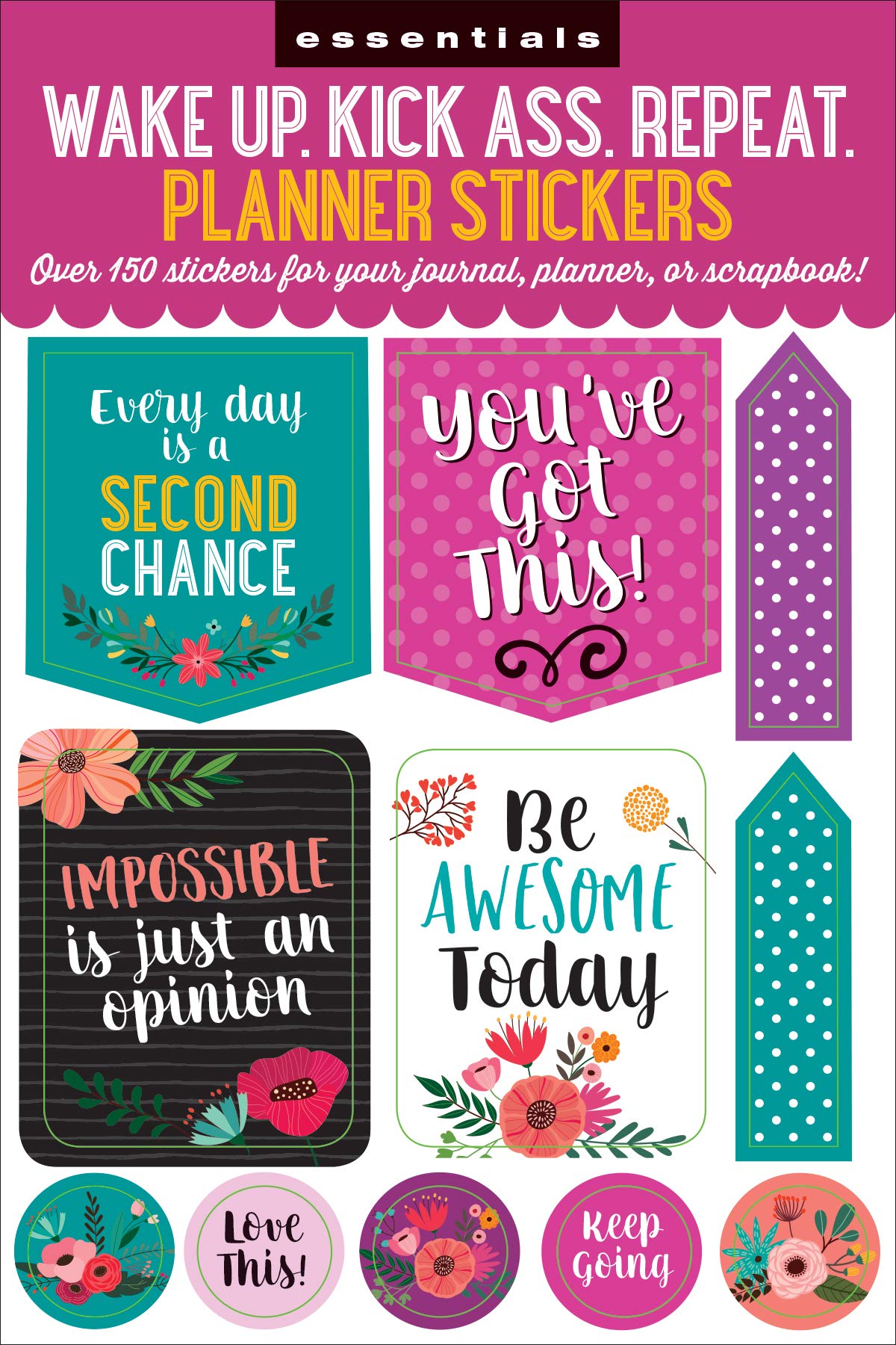 Essentials Planner Stickers -- Wake Up Kick Ass Repeat (Set of 150 Stickers)