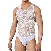 ABAFIP Men's Lace Bodysuit Sissy Lingerie Mesh Sheer Floral Round Neck One Piece Leotard Crossdressing Underwear
