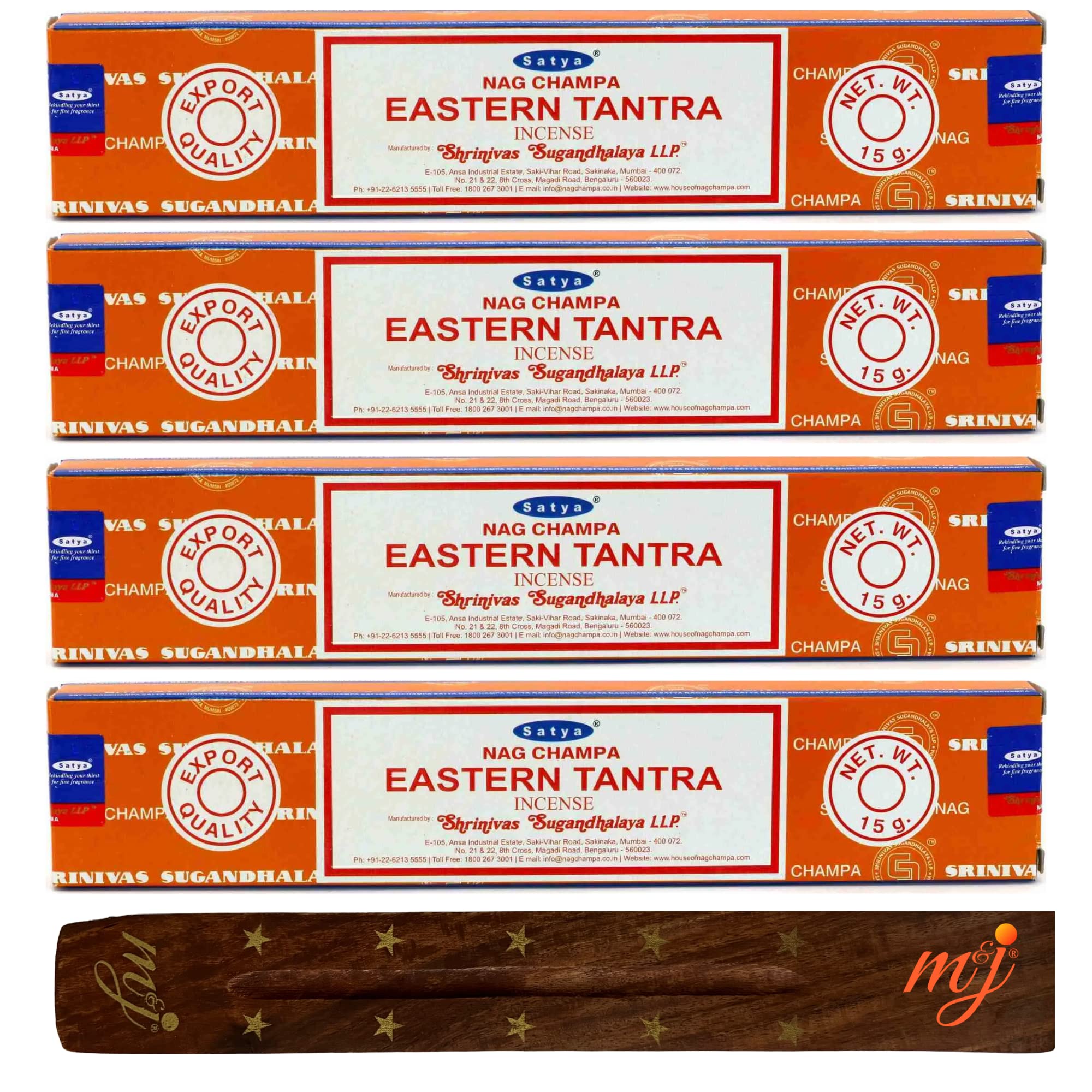 Original Satya Nag Champa Eastern Tantra Incense Sticks | with M&J incense sticks holder | x4 pack | for Aromatherapy, Spa, Yoga, Weddings, Meditation, Healing, Positivity and Relaxation — image 1