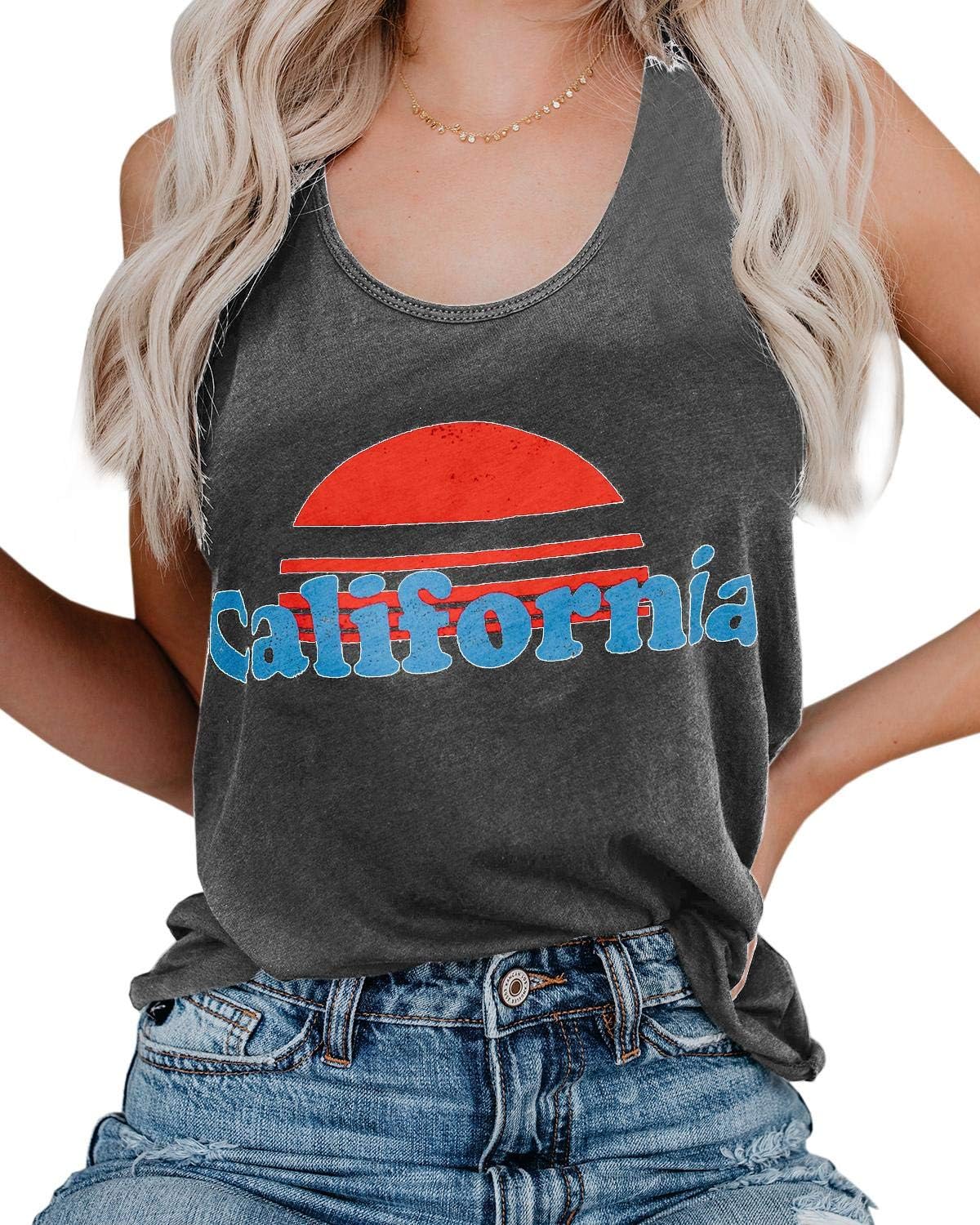 Umeko Womens Summer Tank Tops Cute Letter Print Graphic Tees Sleeveless Loose Workout T Shirts