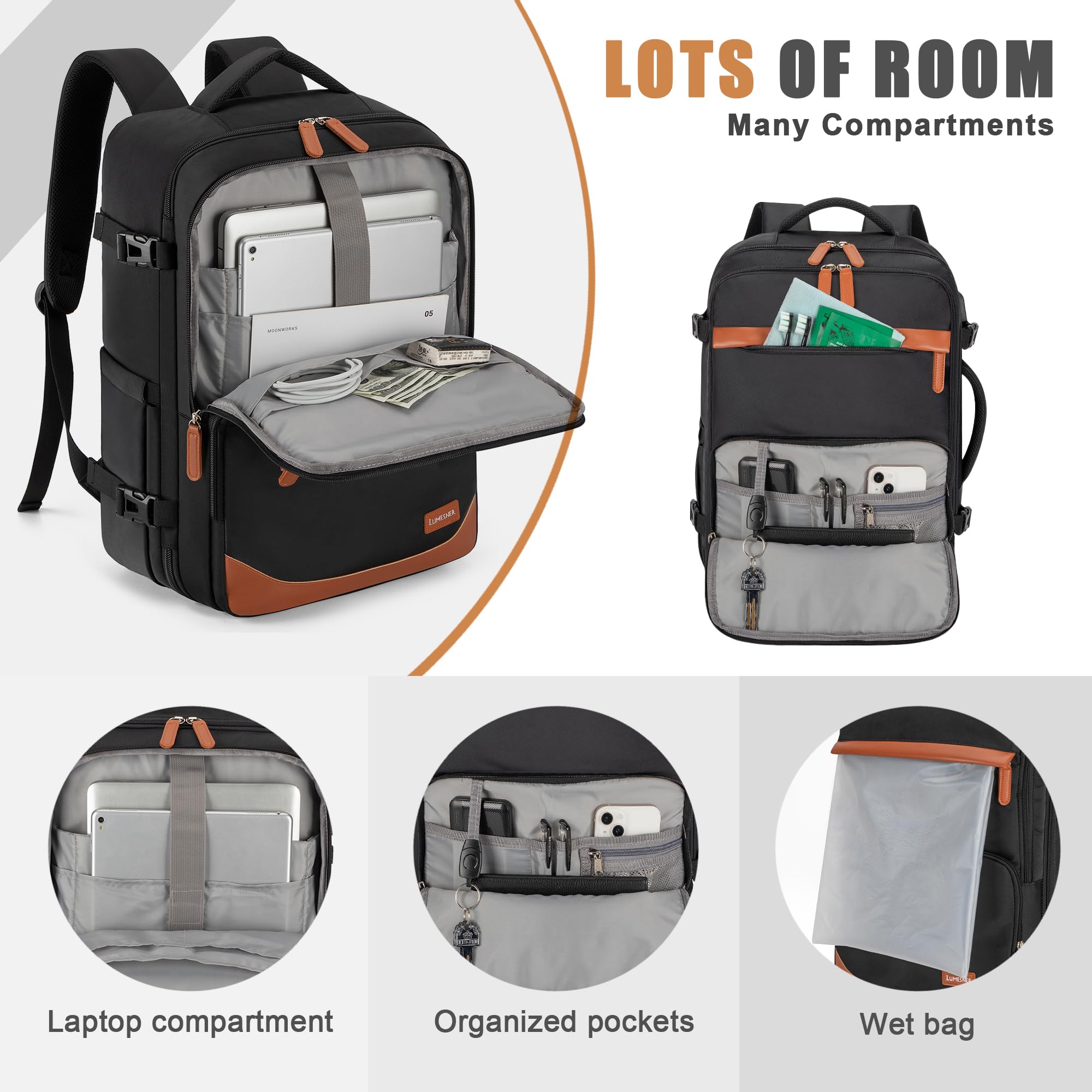 Velaybor 40L Travel Backpack with USB Charging Port, Water-Resistant Carry On Backpack for Men Women, Business Laptop Backpack for Trips & Commutes, Fits 15.6/17.3 Inch Laptop