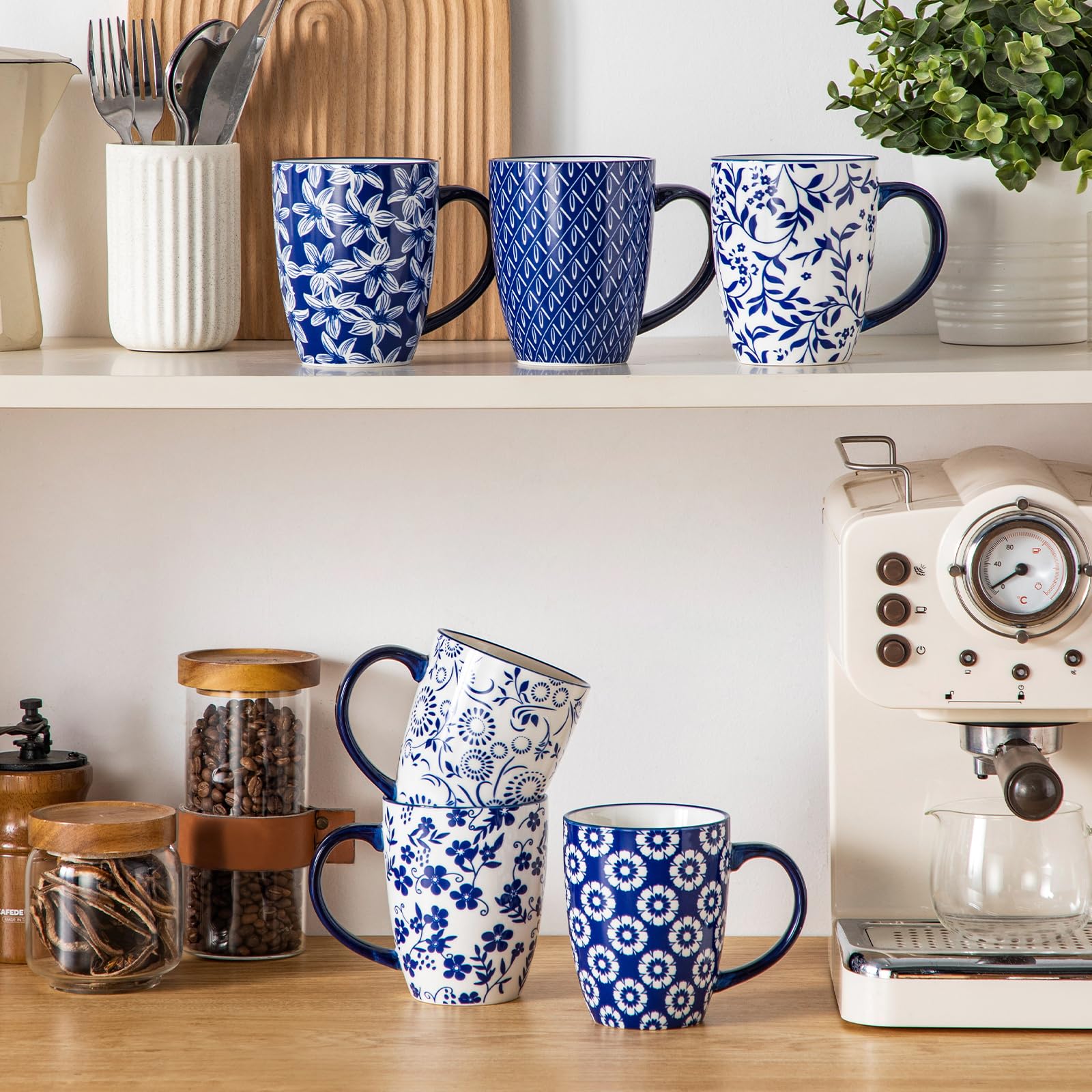 vancasso Kaffeetassen 6er Set, SELENE Porzellan Tassen, 480ml Kaffeebecher mit Henkel, Tasse für Kaffee, Milch, Tee & Kakao, Vintage Blau-weiß 7