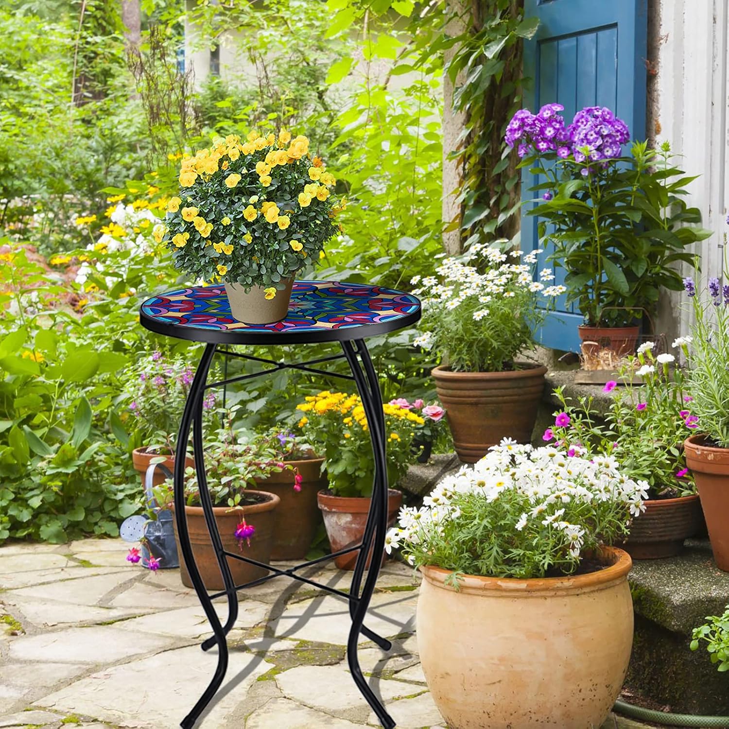 Outdoor Side Table Mosaic End Table Patio Side Table Small End Table Glass Top Round Balcony Coffee Table Porch Indoor Glass Top : Garden & Outdoor