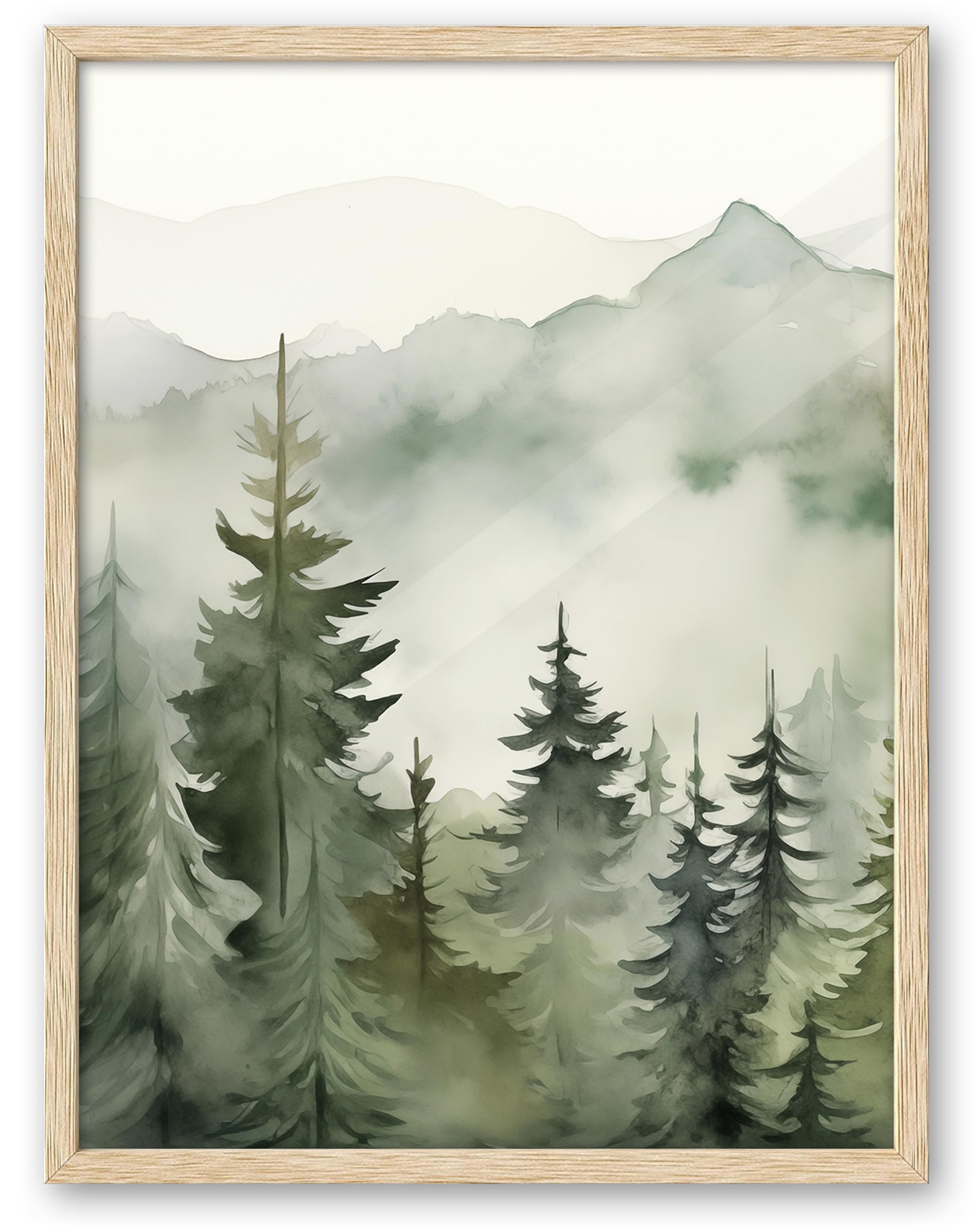 Photo 1 of EcoHest Sage Green Mountain Framed Wall Art, 12x16 in OAK Wood Pine Forest Canvas Wall Art, Minimalist Abstract Nature Bedroom Decor, Set of 1 For Living Room Bathroom