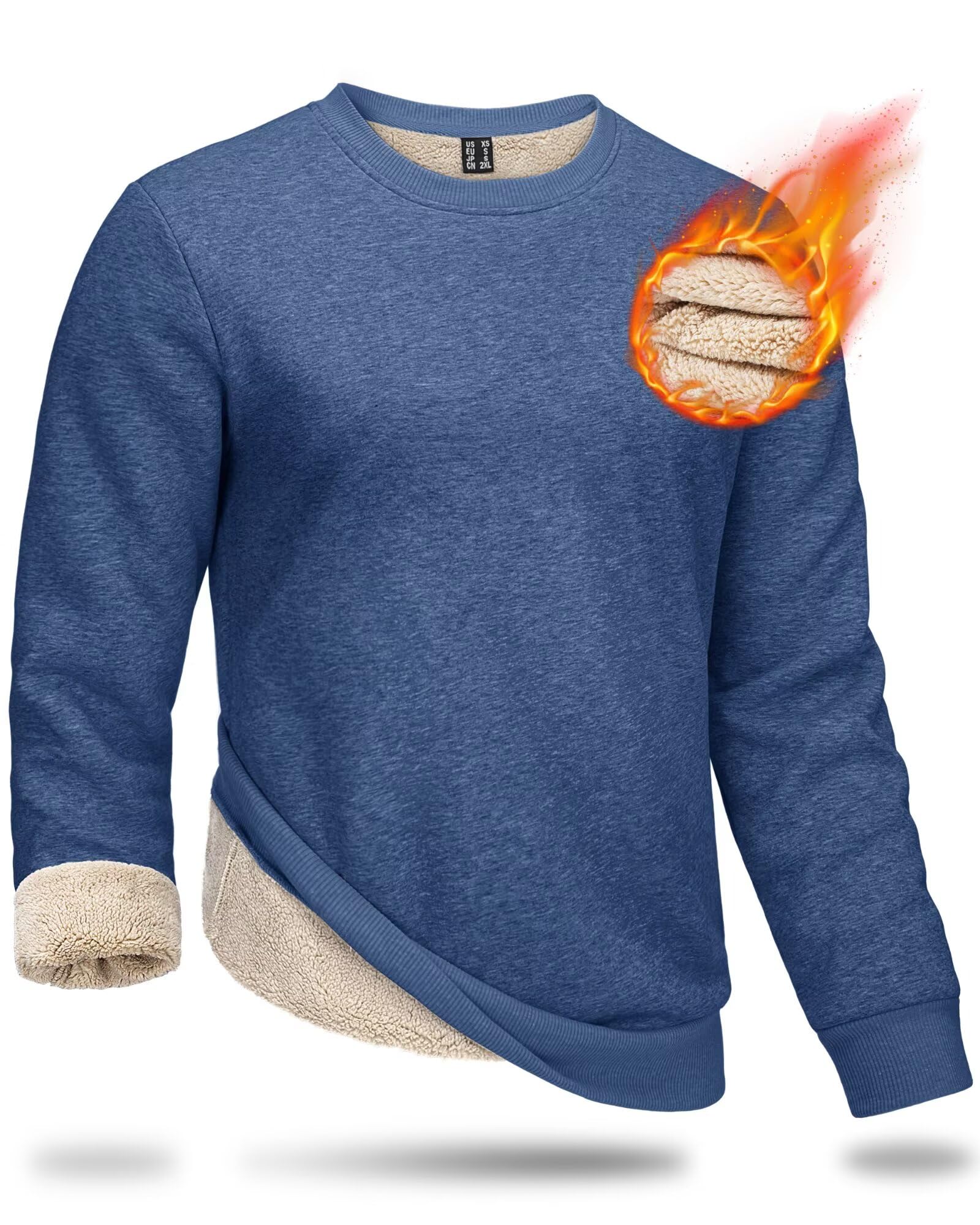 Boladeci Crewneck Sweatshirts for Men No Hood Sherpa Lined Heavy-weight Thick Thermal Long Sleeve Fleece Pullover Cotton Warm Winter Cold Weather Insulated Top Heather Blue Image