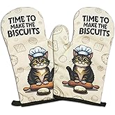 GOSJINNK 2 Pcs Cute Cat Oven Mitts Gifts - Time to Make The Biscuits - Heat Resistant Oven Mitts with Silicone Non-Slip Texture, Hanging Loop - Funny Baking Gifts for Hostess, Baker, Chef, Cat Lover