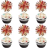 30 PCS Foil Firework Cupcake Toppers Sparkle Tinsel Cupcake Picks Happy Birthday Cake Decorations Drink Stirrers Cocktail Food Fruit Toothpicks for Baby Shower Graduation Party Supplies Red Gold