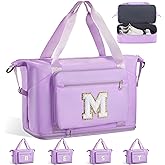 Teen Girl Gifts Trendy Stuff-Initial Duffle Bag for Travel, Carry on Bag Duffel Bags, GYM Weekend Overnight Bag with Shoes Compartment,Hospital Bags for Women-Purple M