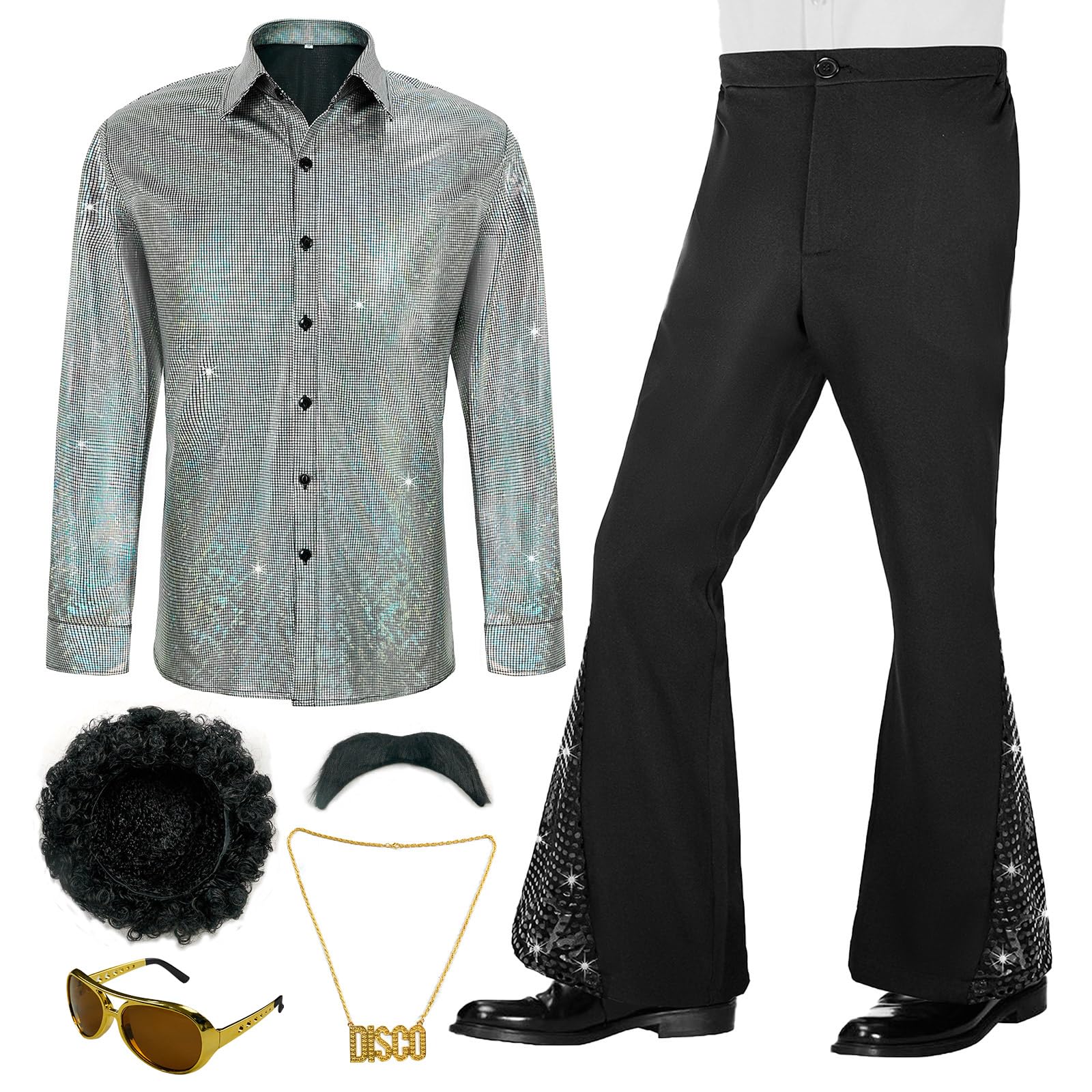 Photo 1 of **INCOMPLETE** BONGZUO 70s Outfits for Men 6 Pcs Disco Outfit Retro Costume with Bell Bottom Pants (Z3736WH,XL)