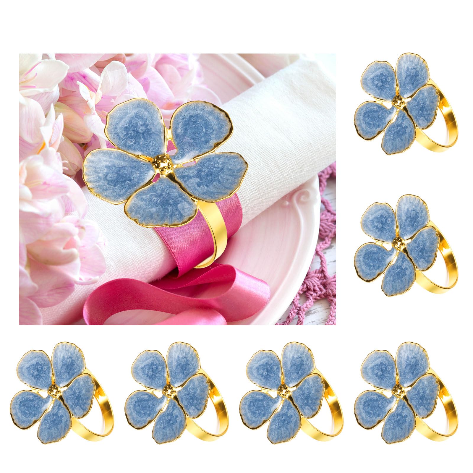 Photo 1 of uxcell 6Pcs Flower Napkin Rings, Alloy Floral Serviette Buckles Holders for Dining Table Decorations Wedding Birthday Party, Blue