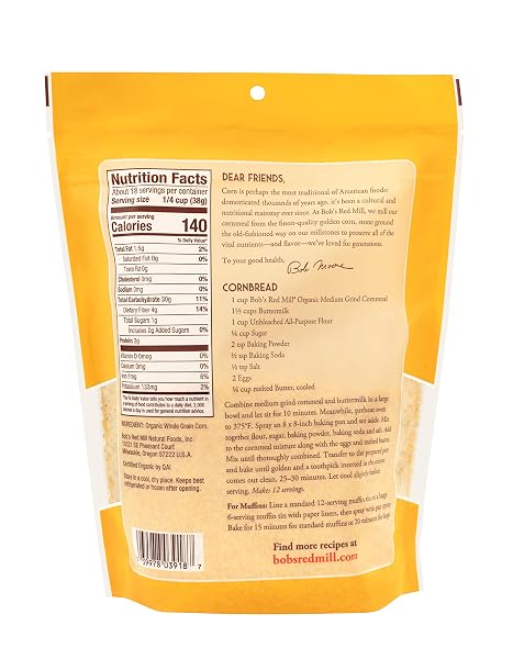 BOB’S RED MILL ORGANIC MEDIUM GRIND CORNMEAL, 24OZ (PACK OF 1) – ORGANIC, NON GMO, WHOLE GRAIN, VEGAN, KOSHER