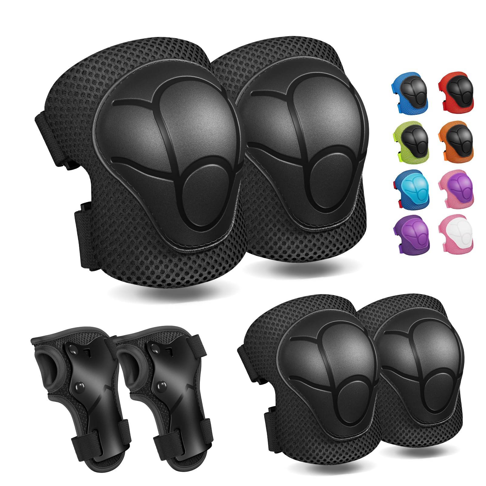 CKE Kids Knee and Elbow Pads Set - 3 in 1 Protective Gear for Skating, Cycling, Bike, Rollerblading, Scooter (Black)