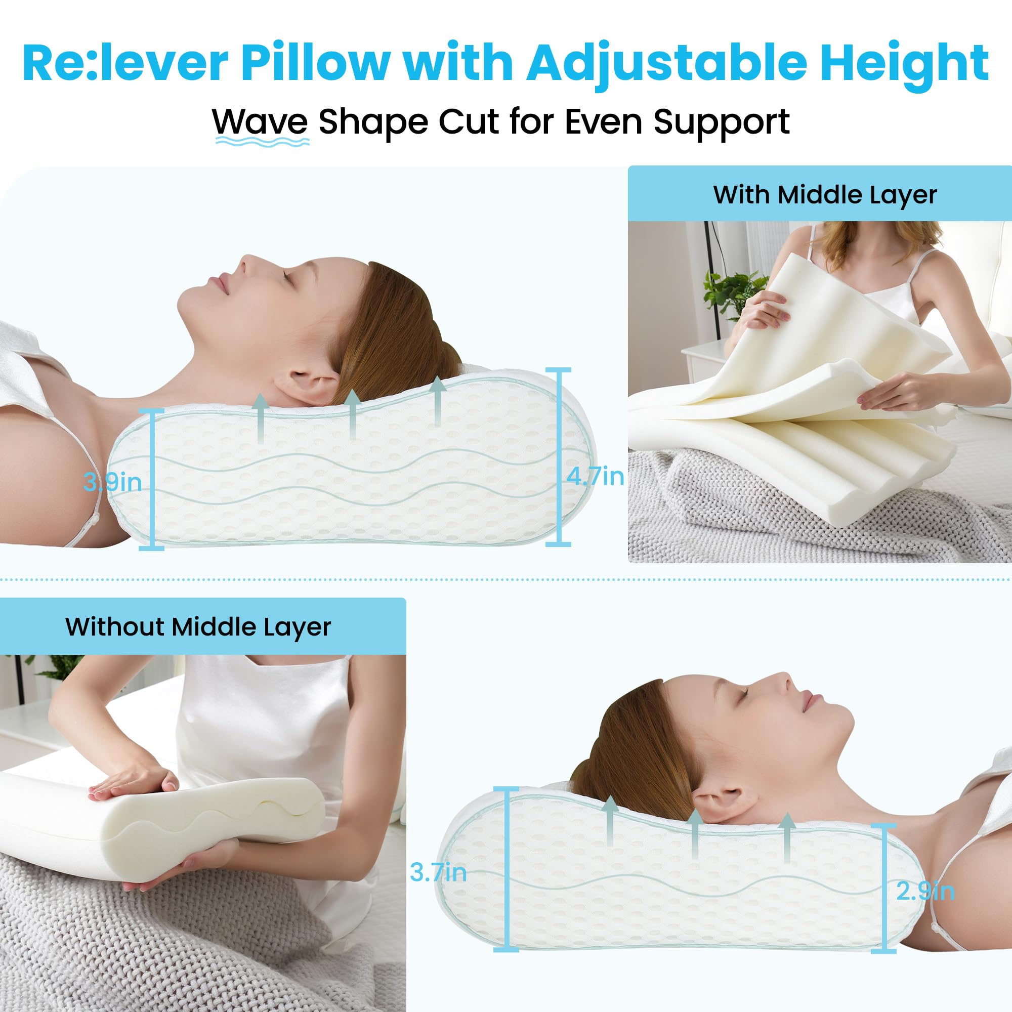 Cervical Neck Pillow, Side Sleeper Pillow for Neck Pain Relief, Adjustable Contour Pillow for Sleeping, Ergonomic Memory Foam Pillow, Orthopedic Cooling Pillow Back Stomach Sleeping, Queen Size