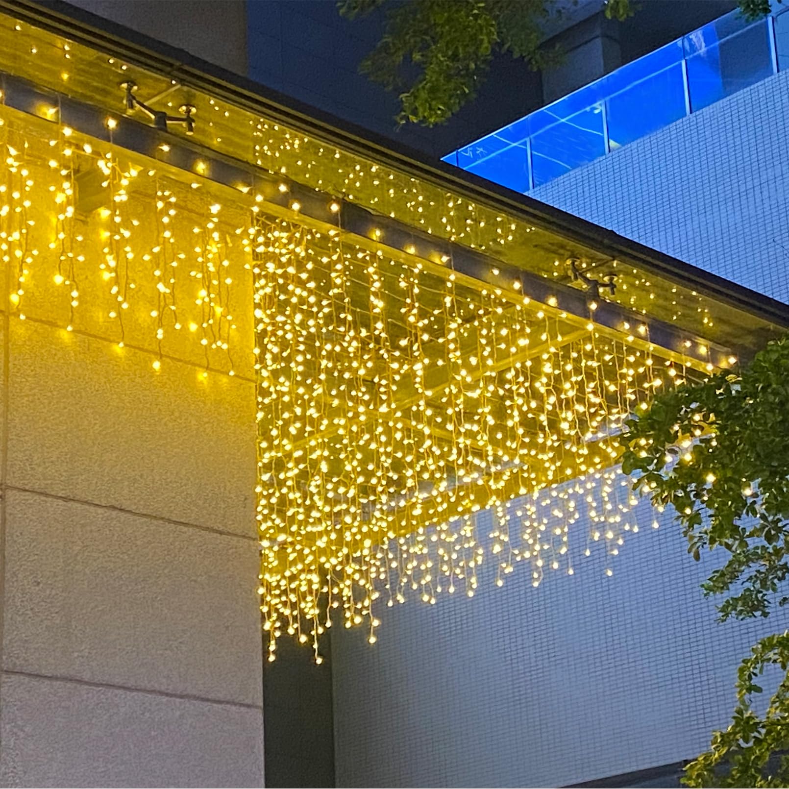 Photo 1 of ZIMINGU Icicle Dripping Lights, 13FT 144 LEDs 8 Modes Christmas Connectable Twinkle Window Curtain Fairy Waterfall Diwali Ceiling String Lights for Outdoor Indoor Decorations (Warm White, 4X0.6M)