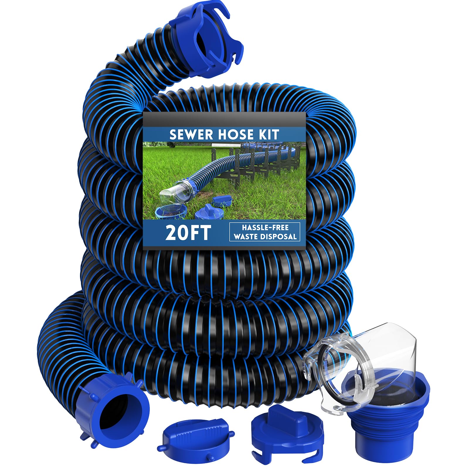 Photo 1 of DUMPMAN RV Sewer Hose 20 Ft, Sewer Hose for RV Camper, RV Sewer Hose Kit with Swivel Fitting - Includes 90 Degree Clear View Sewer Adapter, and 2 Storage Caps