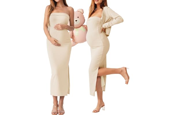 QUNISY 2 Piece Maternity Dress Cardigan Set, Strapless Bodycon Maxi Tube Dresses Long for Baby Shower Photoshoot Formal
