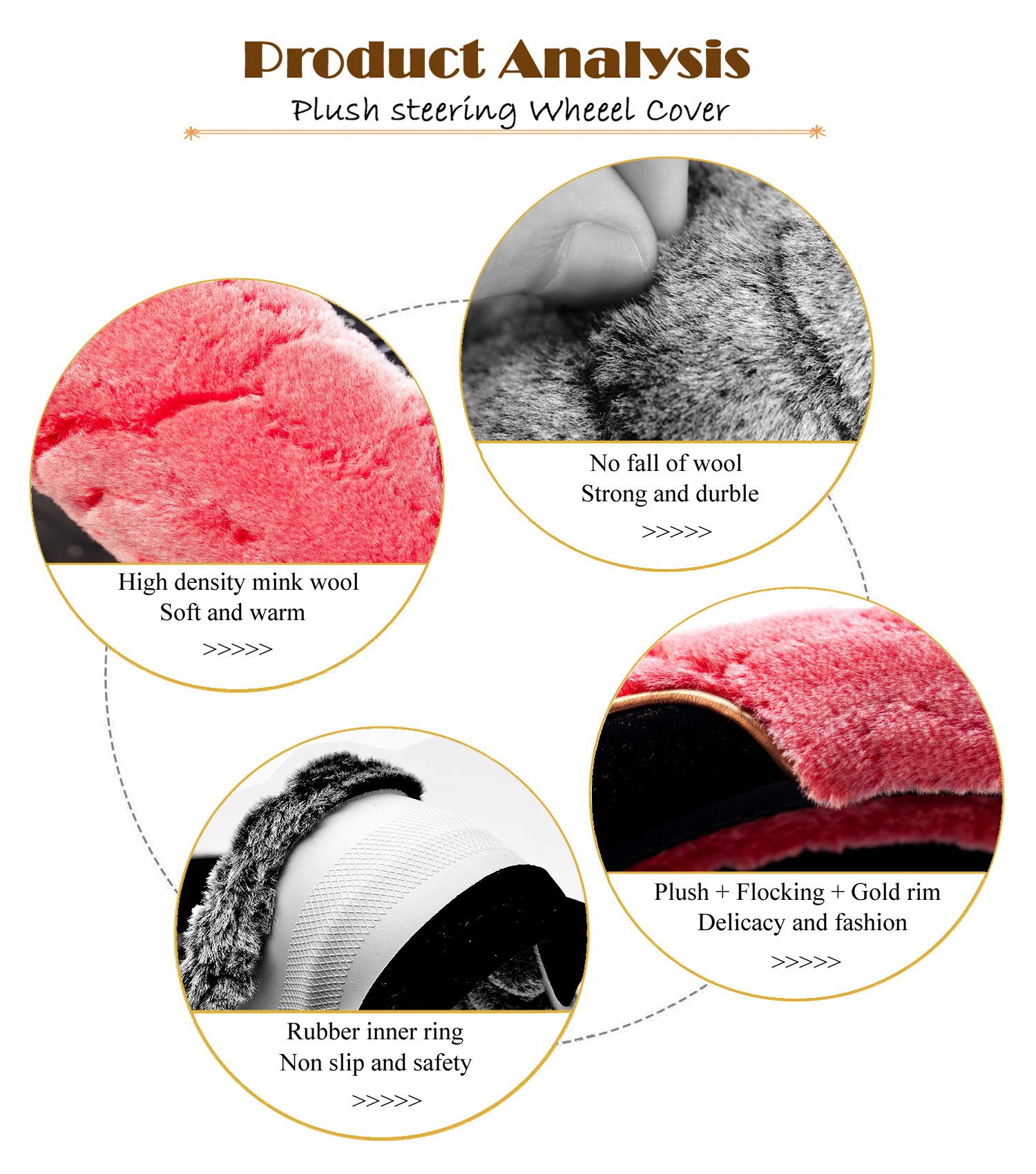 Furry Steering Wheel Cover 15 Inch Faux Wool Soft Fur Warm Winter Universal for Auto Car SUV (Short Plush, Red)