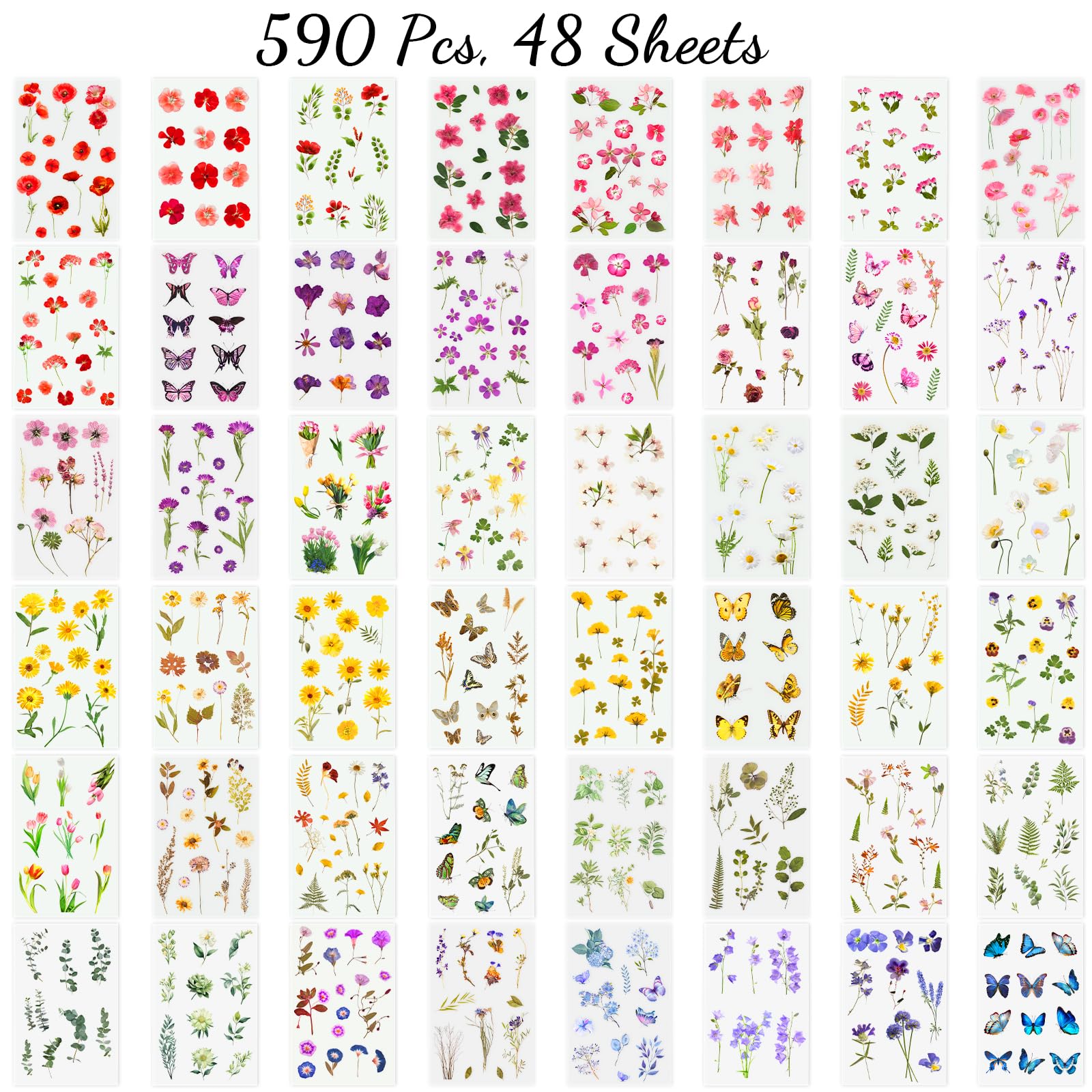 Arme Flower Stickers for Scrapbooking(590 Pieces, 48 Sheets),Decorative Floral Stickers, Small Flower Stickers for Adults, Pressed Flower Stickers Pack, Colorful Wildflower Stickers for Scrapbooking