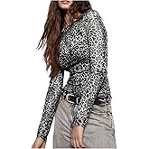 Floerns Women's Y2K Leopard Print Ruched T Shirts Long Sleeve Crew Neck Night Out Fitted Tops