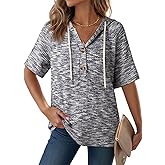 Dokotoo Womens Summer Tops 2026 Short Sleeve Button V Neck Waffle Knit Lightweight Drawstring Hoodies Casual Blouses Shirts
