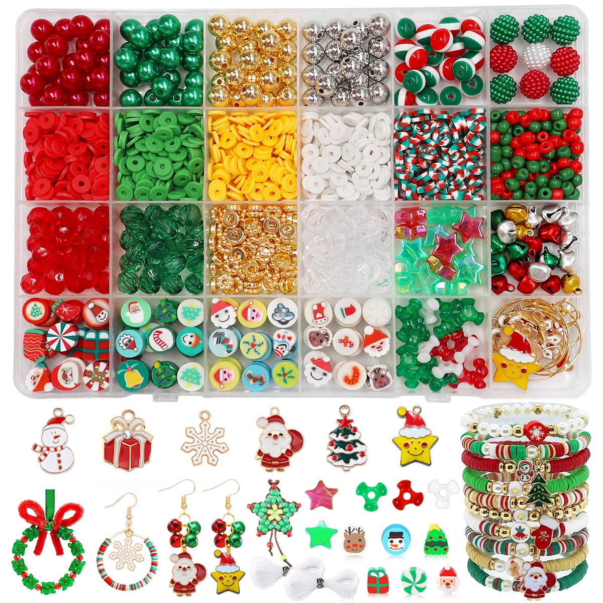 Ganepwns Christmas Beads for Bracelet Making Kit, Clay Beads Green Red Star Beading Set for Jewelry Making, DIY Craft Girls Friendship Gifts