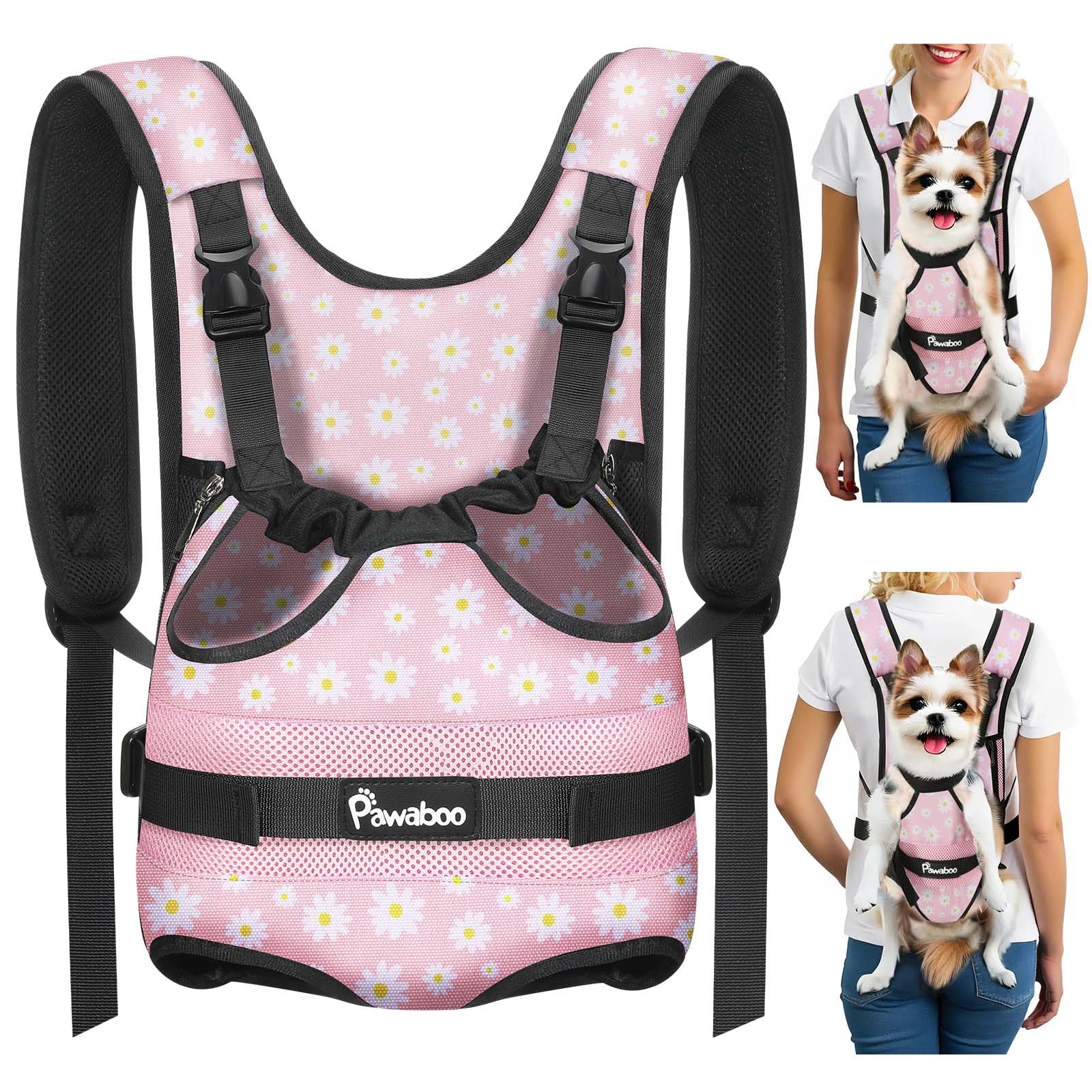 Photo 1 of Pawaboo Pet Dog Front Carrier Backpacks, Legs Out Pet Carrier Backpack, Adjustable Easy-fit Dog Chest Carriers for Small Medium Dogs Hands Free for Travel Hiking Cycling Camping, M, Pink Daisy