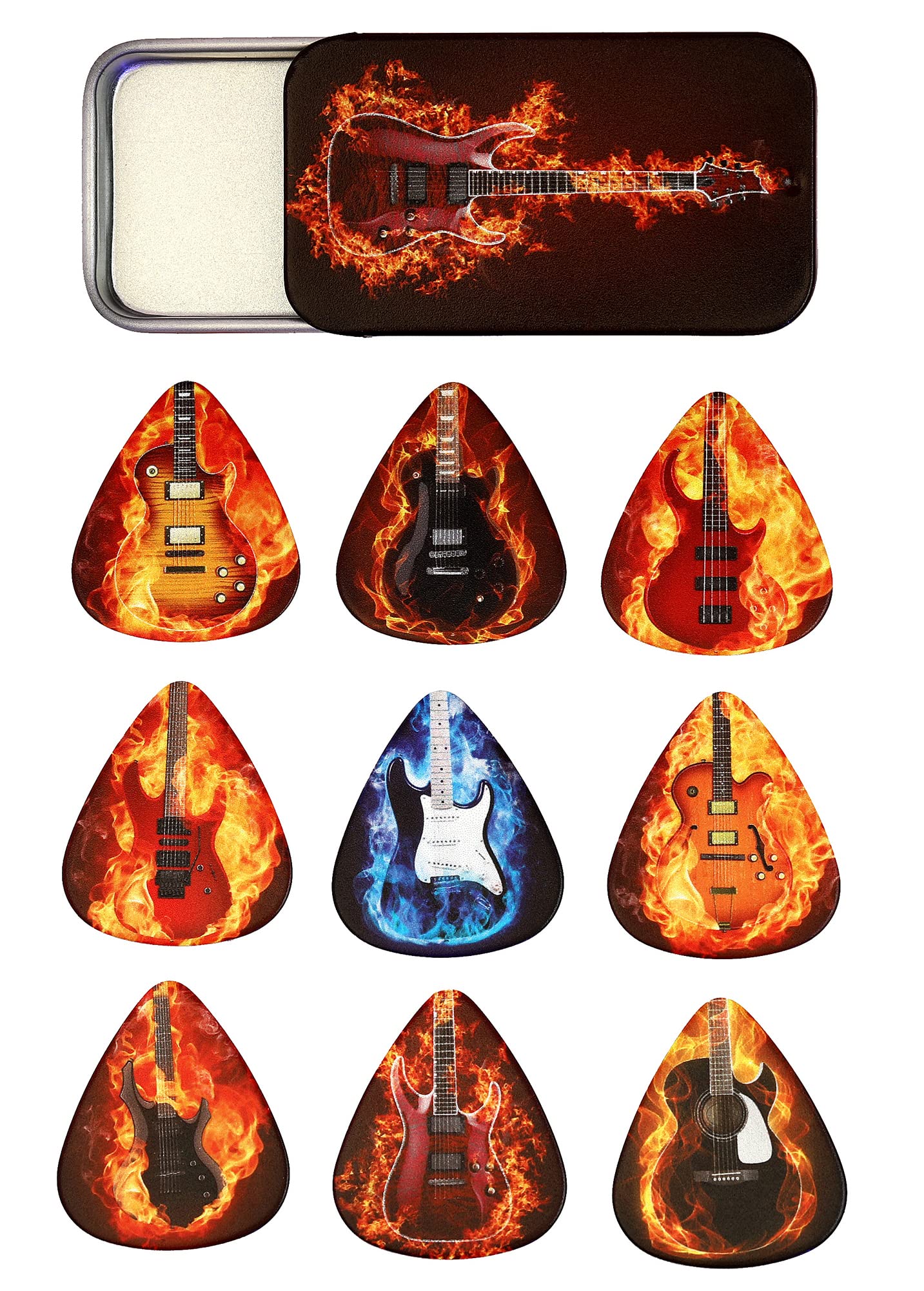 Tin of 9 Flaming Guitar Plectrums - Double sided - Harmony Picks