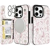 uCOLOR for iPhone 15 Pro Wallet Case with Card Holder Slot【Compatible with MagSafe】 Folio Flip PU Leather RFID Blocking Design with Camera Lens Protector (Nude Flowers, iPhone 15 Pro 6.1")