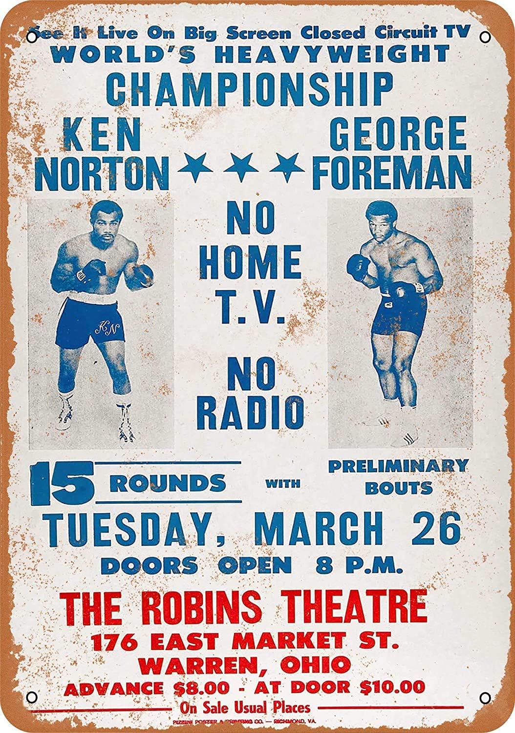 1973 Ken Norton vs. George Foreman in Ohio Vintage Look Novelty Metal Sign for Home 8 x 12 Tin Sign Man Women Cave Decor