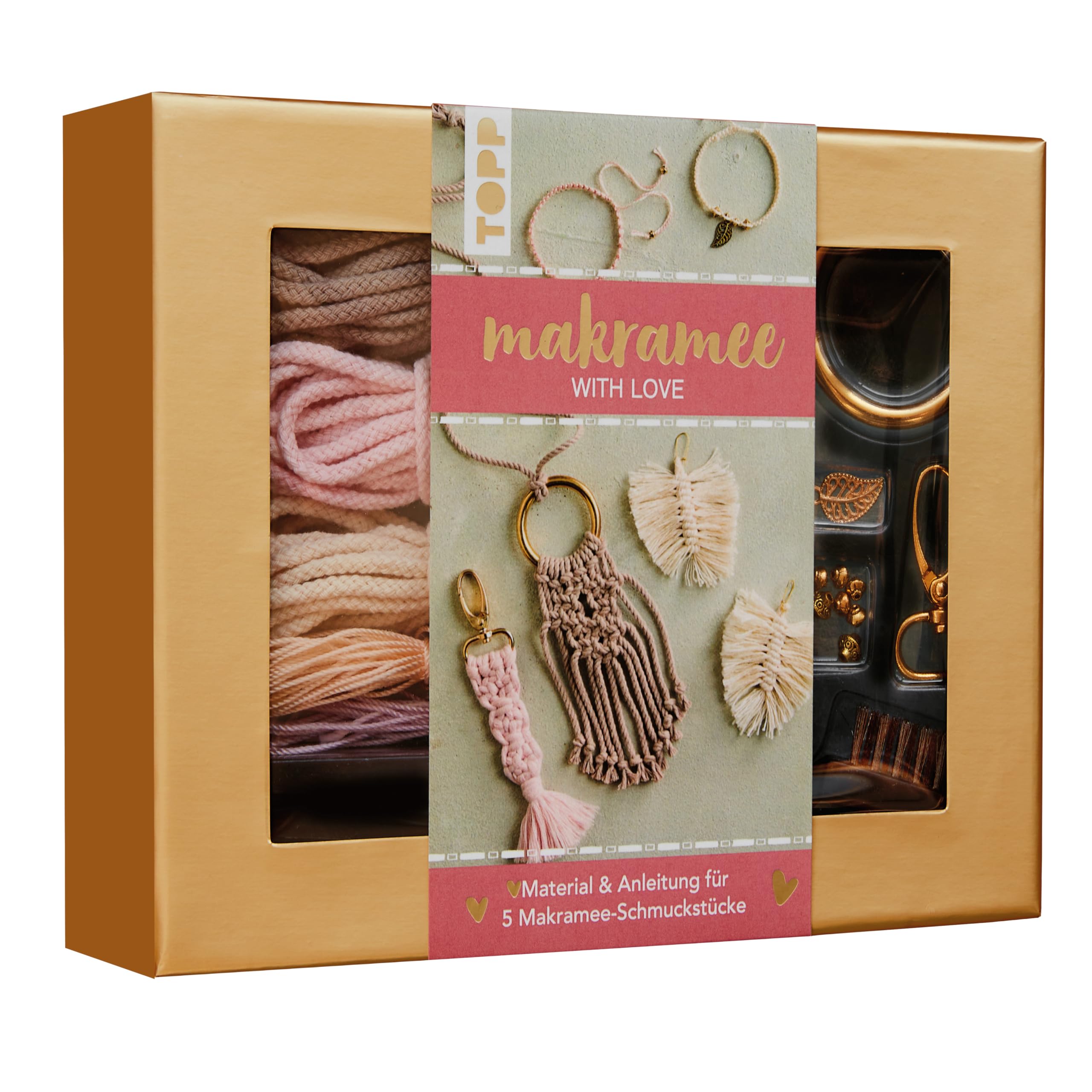 Makramee-Schmuckset „With Love“ (Rosé/Natur): Anleitung und Material für 5 Makramee Schmuckstücke. Mit Makramee-Drahtbürste und Knüpfboard.