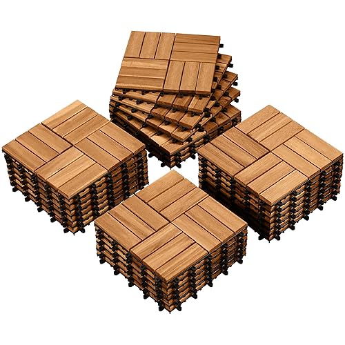 Yaheetech 1 pack Acacia Wood Interlocking Patio Deck Tiles, Waterproof Solid Flooring Tiles for Indoor Outdoor, 31 cm W × 31 cm L Garden Deck for Patio Garden Poolside All Weather Use, Total 27pcs