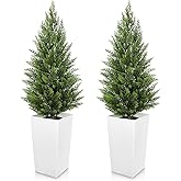 Briful Artificial Cedar Topiary Trees 4ft, Set of 2 Faux Potted Christmas Porch Trees Cypress Sbrubs, UV-Resistant Front Door Greenery in Tall White Planter for Indoor Outdoor Holiday Décor