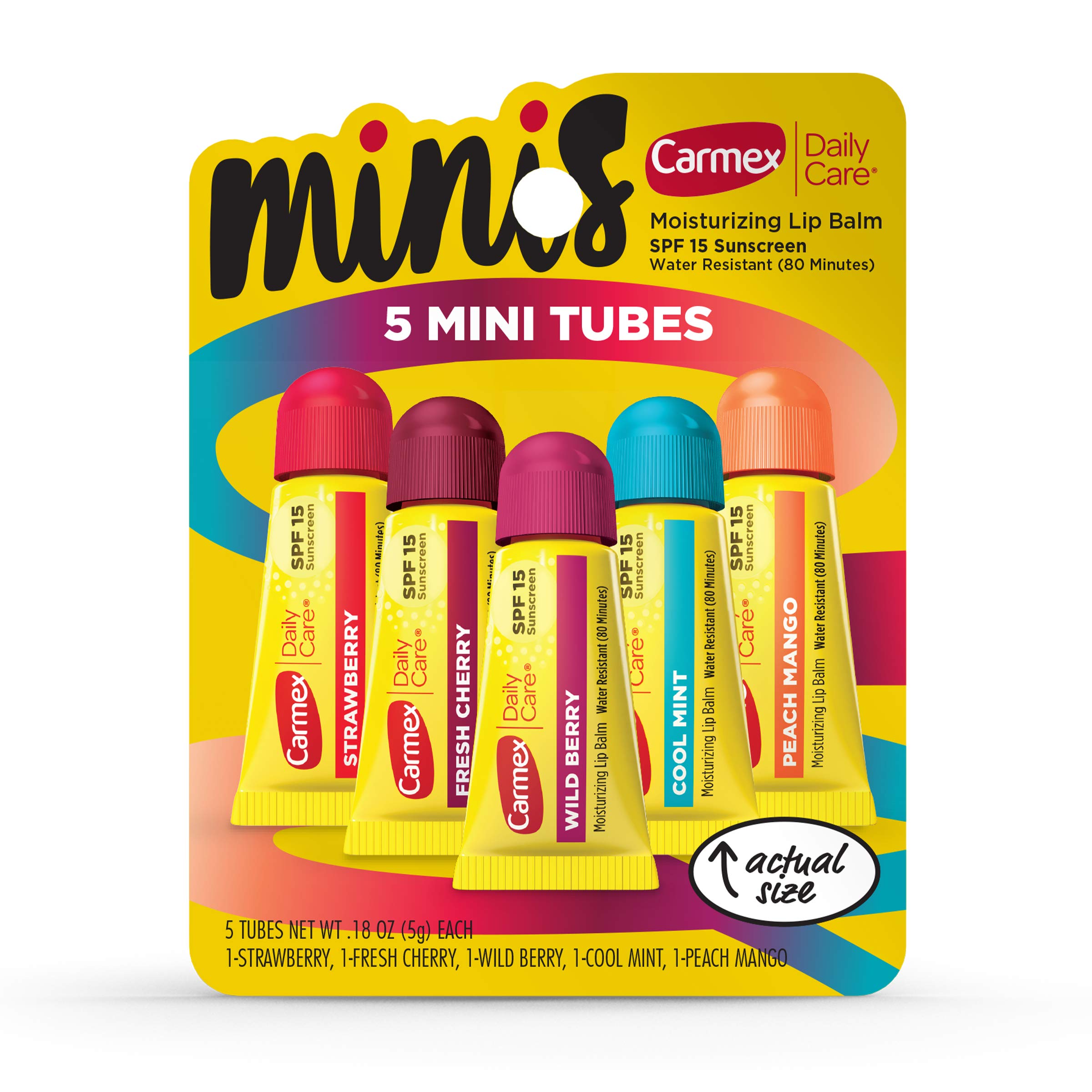 Carmex Daily Care Minis Moisturizing Lip Balm Tubes with SPF 15, Strawberry, Cool Mint, Wild Berry, Peach Mango and Fresh Cherry Lip Balm Pack - 0.18 OZ Each, 5 Count